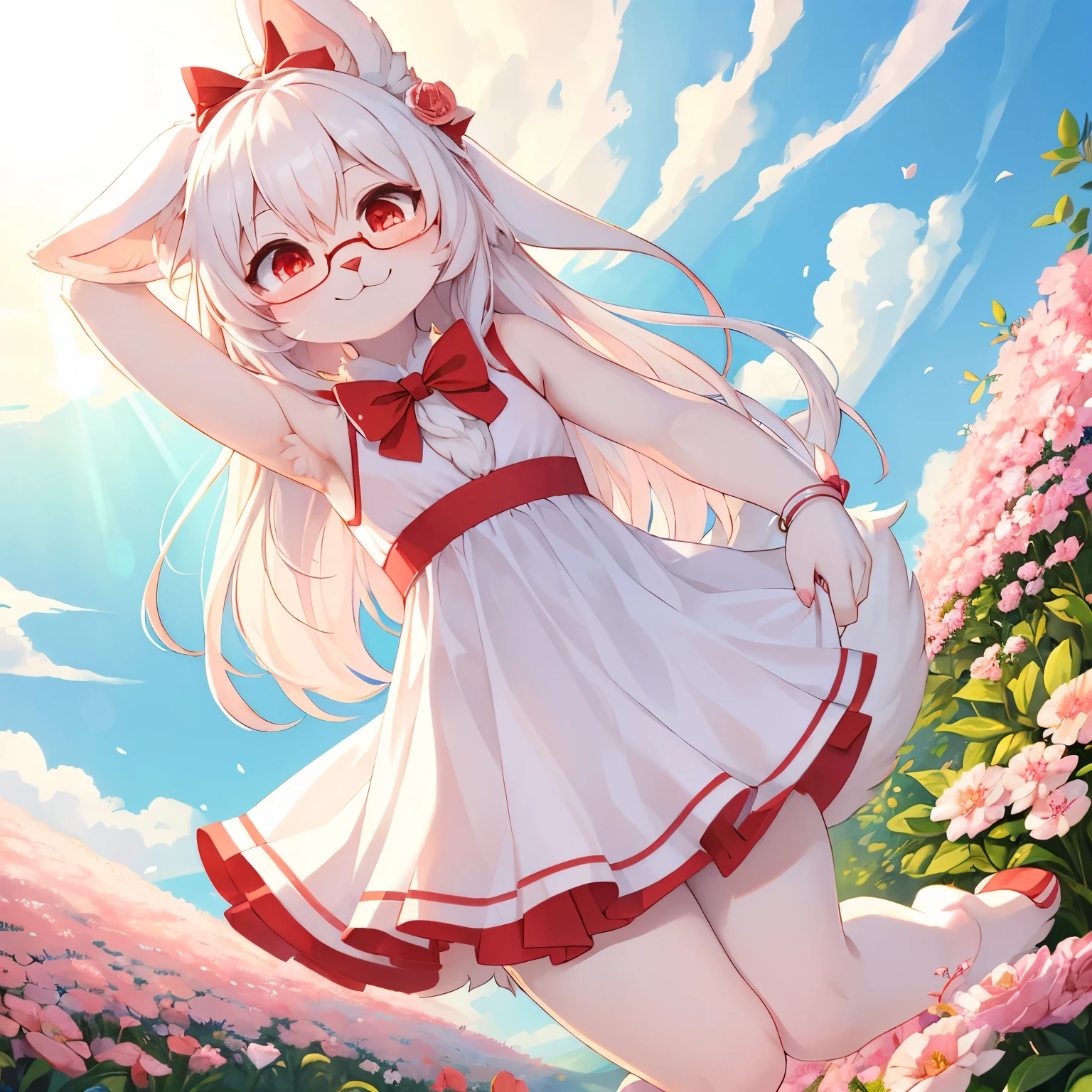 best quality,best resolution,(fluffy anthro furry :1.6),(young :1.6),white rabbit girl,small breasts,red eyes,glistering eyes,white long hair,white rabbit long ears,white rabbit tail,red ribbon bowtie,glasses,red ribbon hairpin,red bracelet with ribbon,pink cute ruffles dress with ribbon,shoulderless,sleeveless,huge flower garden,white sunlight,outdoor,looking at viewer,happy face,smile,heavy breath,full face blush,low angle,jumping,floating