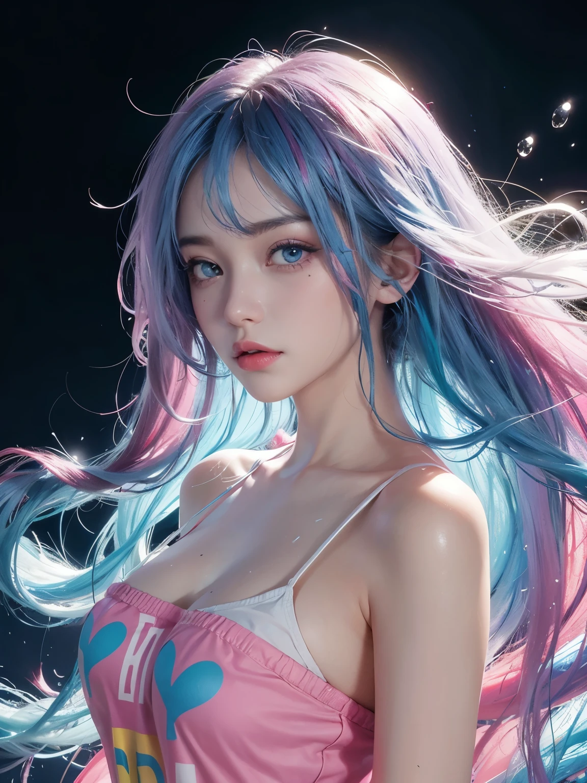 （masterpiece、best quality、high resolution），（Colorful background，（splash of conk splatter，splash of color）），Sweet girl，blue pink medium long hair，[light blue|pink]hair，curls，blue eyes，flash，pink lips，（Splash color，（white shirt），front，Whole BodyEsbian:0.6，Volumetric lighting，splash of color，Color explosion，Surrounded by colorful splashes