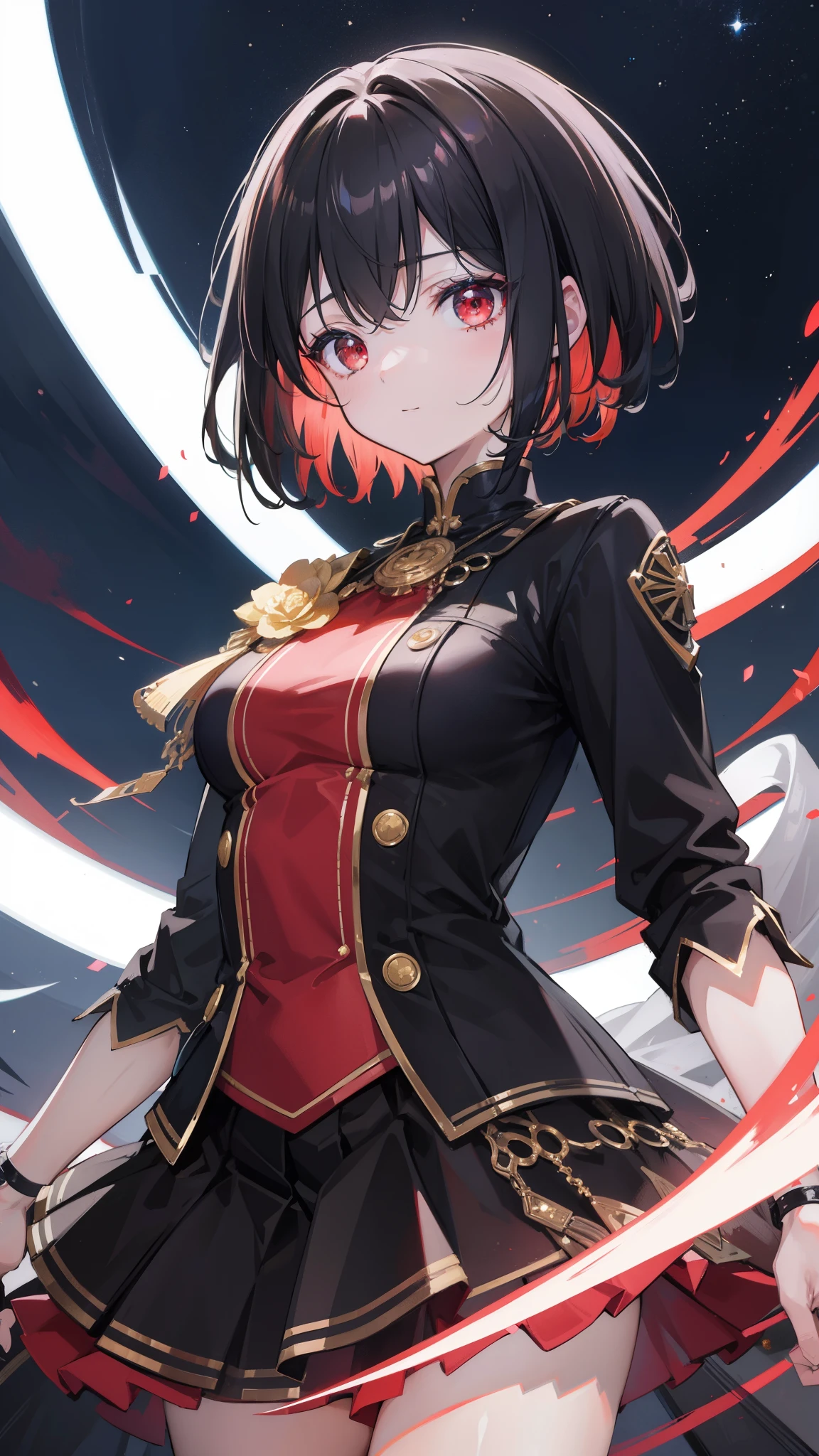 taisho steampunk fashion, black military uniform, mini skirt, combat boots, absurdres, RAW photo, extremely delicate and beautiful, masterpiece, Best Quality, ultra high resolution, 32k, hyperrealistic, ultra-detailed, detailed description, pale skin, 20 years old, tearful mole, earring, short medium hair, wavy hair, whole body shot, legs, Red eyes,