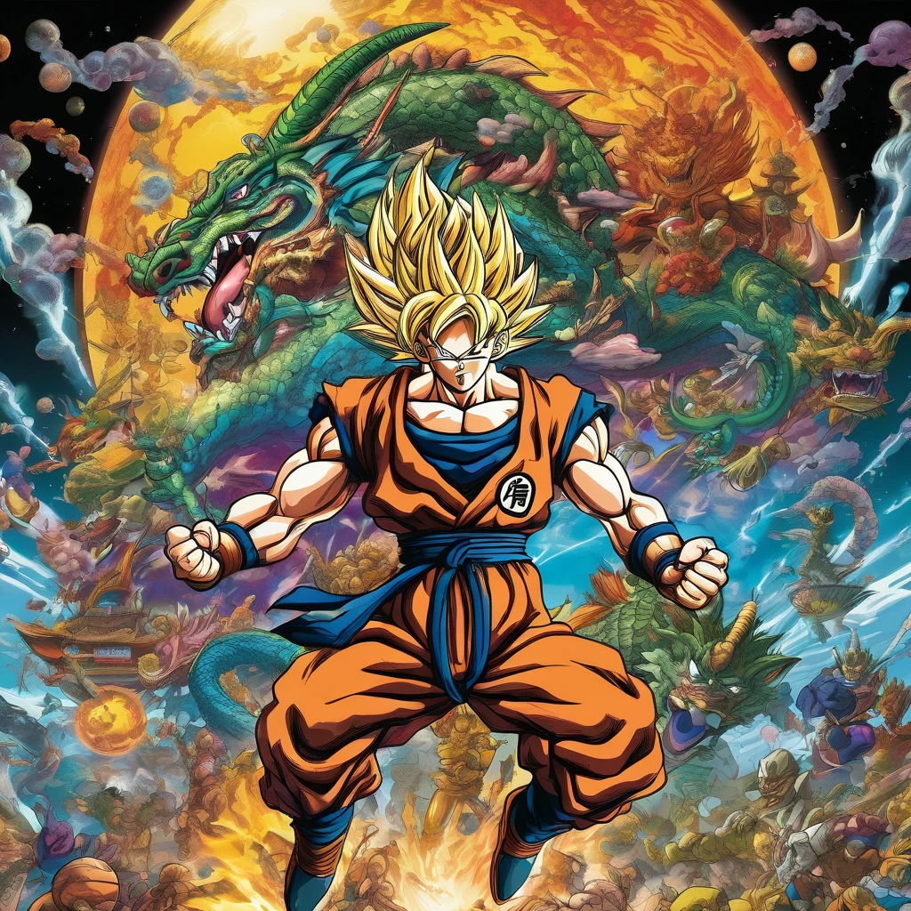 Dragonball, aesthetic, extremely detailed, Epic, High-resolution, Illustration, mid shot, Dragonball, exhilarated, powering up, otherworldly battle, alien planet, vibrant colors, dynamic lighting, edge lighting, fantasy, contrast, Fujifilm Superia, cinematic, Akira Toriyama, Jim Lee, Todd McFarlane.