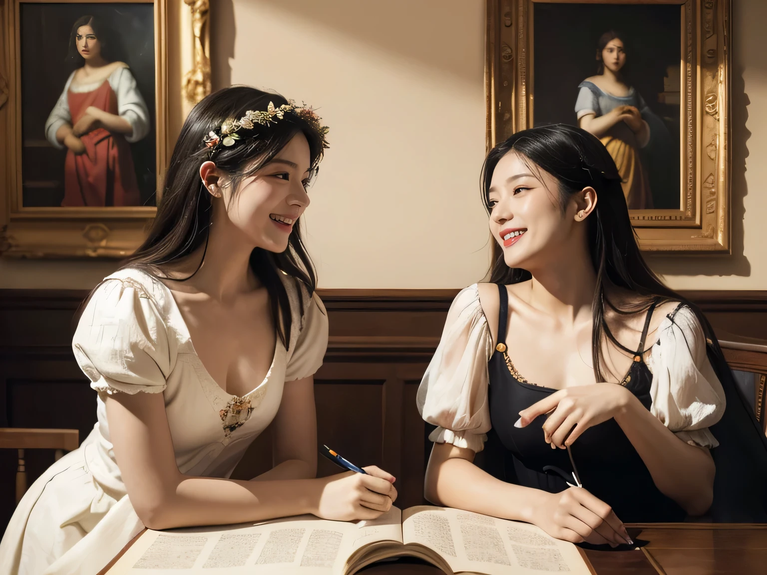 Giorgione painting style,Arguments of two female Philosophe,math、astronomical machine、astronaut、roses in vase、fruits、Cute trinkets、smile、ancient greek costume、Ancient Roman landscape in the style of Nicolas Poussin,laughter,,Sweet and seductive appearance.、Caravaggio's paintings、Chiaroscuro of Caravaggio、hair tousled by the wind,Two women frolicking,cute smile, expression of ecstasy,Sexy,erotic