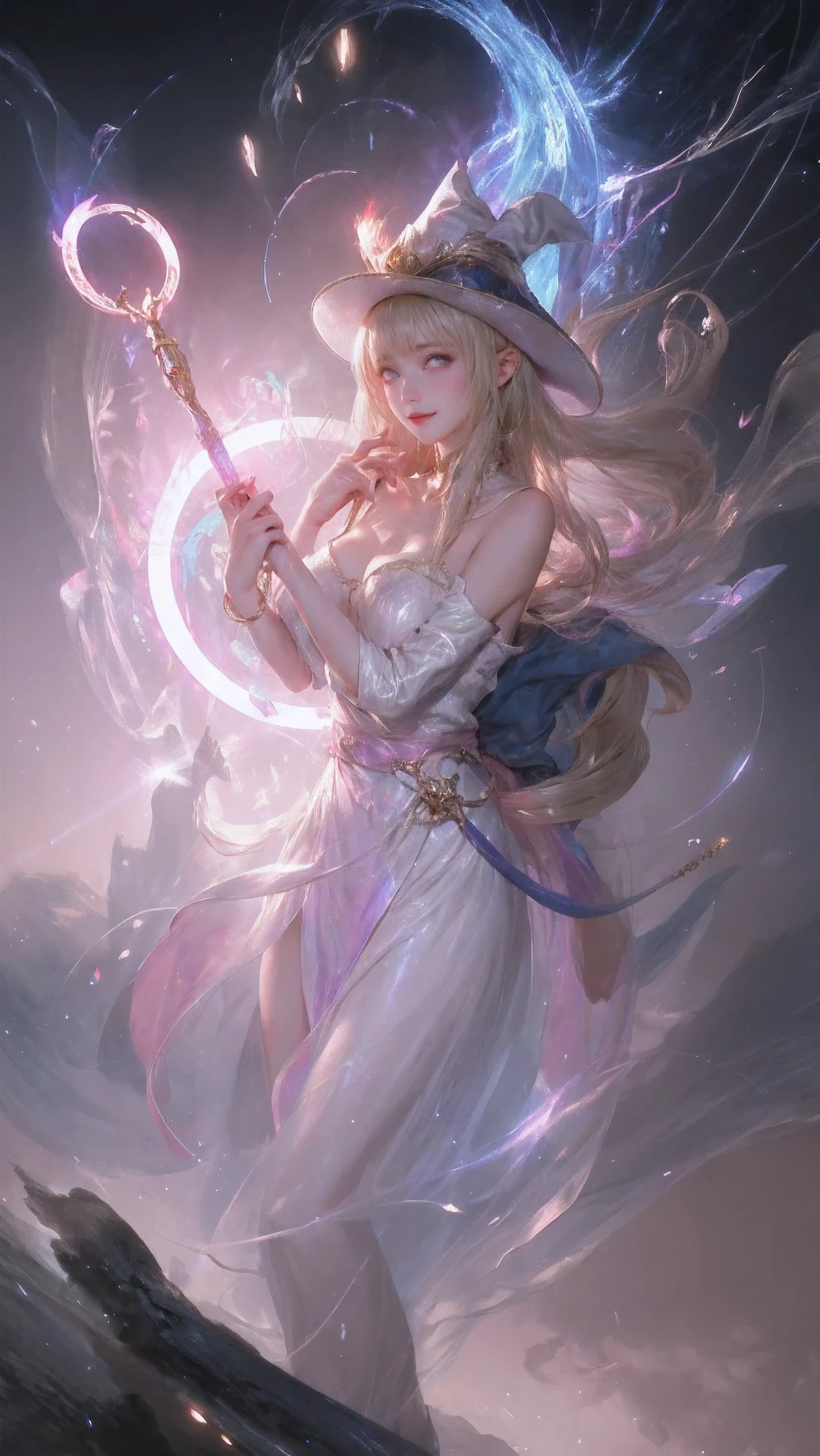 Masterpiece, (Best Quality: 1.2), (Super Fine: 1.2), Illustration, (Extremely Delicate and Beautiful: 1.2), Film Angle, Floating, (Beautiful Detail Eye: 1.1), (Detail Light: 1.1), Film Lights, Delicate Sky, Woman, White Hair, Blue Eyes, (High Ponytail: 1.1), Cloak, Glowing Eyes, (Moon: 1.2), (Moonlight: 1.1), Starry Sky, (Light Particles: 1.1), Fog , snow painting, sketching, blooming