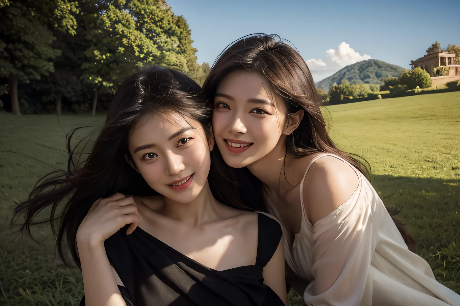 Poussin-style landscape,A smile,,Sweet and seductive appearance.、Caravaggio's paintings、Chiaroscuro of Caravaggio、Hair disheveled in the wind,Two women frolicking,Cute smile, Expression of ecstasy