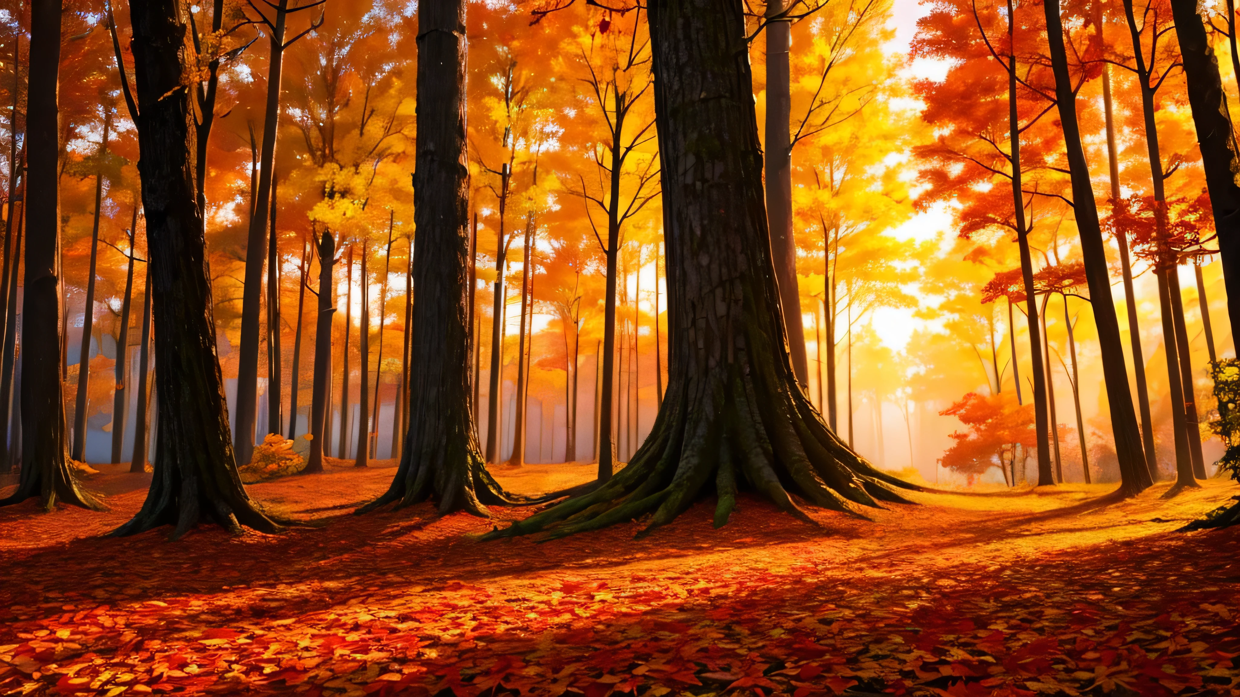 beautiful forest with red and yellow maples, amidst the forest, there is a sunset and behind the trees, there is an ocean, sky is brilliant orangish yellow Serenity, falling leaves! realistic 4k image anime like trees.