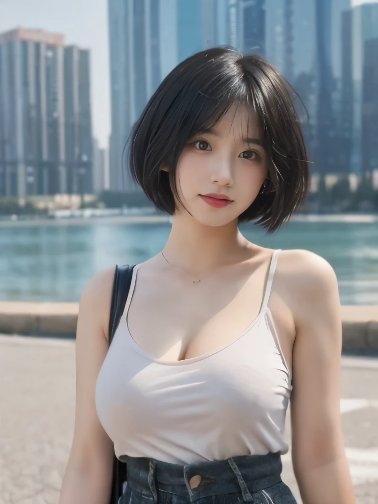 (8k,highest quality),lake shore,High school student in plain clothes,(black hair short cut hairstyle),looking at the photographer,blur the background,((big breasts))