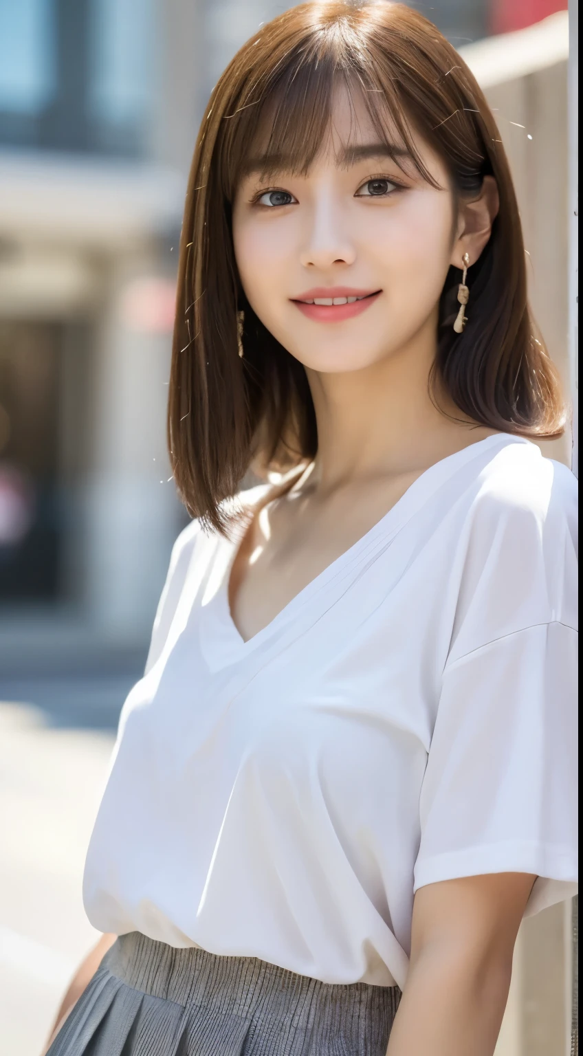 (8K、Raw photography、top-quality、masuter piece:1.2)、ultra-detailliert、ultra res、(realisitic、rialistic photo:1.37)、portlate、high-definition RAW color photography、Professional Photography、highly detailed and beautiful、ighly detailed、8K Picture Wallpaper、amazing detailed、huge filesize、Official art、Highly detailed CG Unity 8K wallpapers、highly detailed beautiful girl、extra detailed face、extremely detailed eye、highlydetailed skin、extremely detailed fingers、highly detailed nose、very detailed detailed mouth、Perfect Anatomy、highly detailed back ground、Highly detailed clothing、1 girl、(18:1.2)、、Cute s、famous Japan idol、cute little、Realistic body、、de pele branca、glistning skin、Slim body、Handsome body、brown haired、short constricted curly hair、(Blunt bangs:1.2)、A smile、kawaii、zora々Right、kawaii faces、Lifelike face、Delicat eyes、Sauce order、White T-shirt、skirt by the、earrings、Looking at the camera、cowboy shot、front facing、Standing、Contrapo, high street, public, dynamic lighting,No bangs、Center Part、Korean style