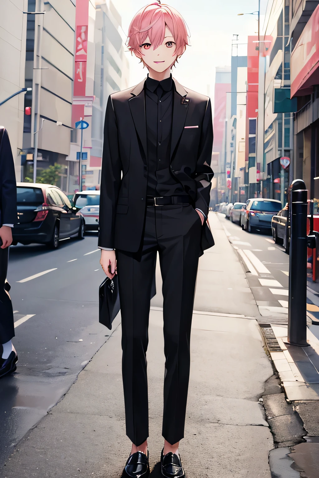 boy , 17-year-old Japanese teenager , member of the idol group I-(CG) , short pink hair, pink eyes, fair skin, 177cm tall and wears black suit and black pants paired with loafers, smile , smart