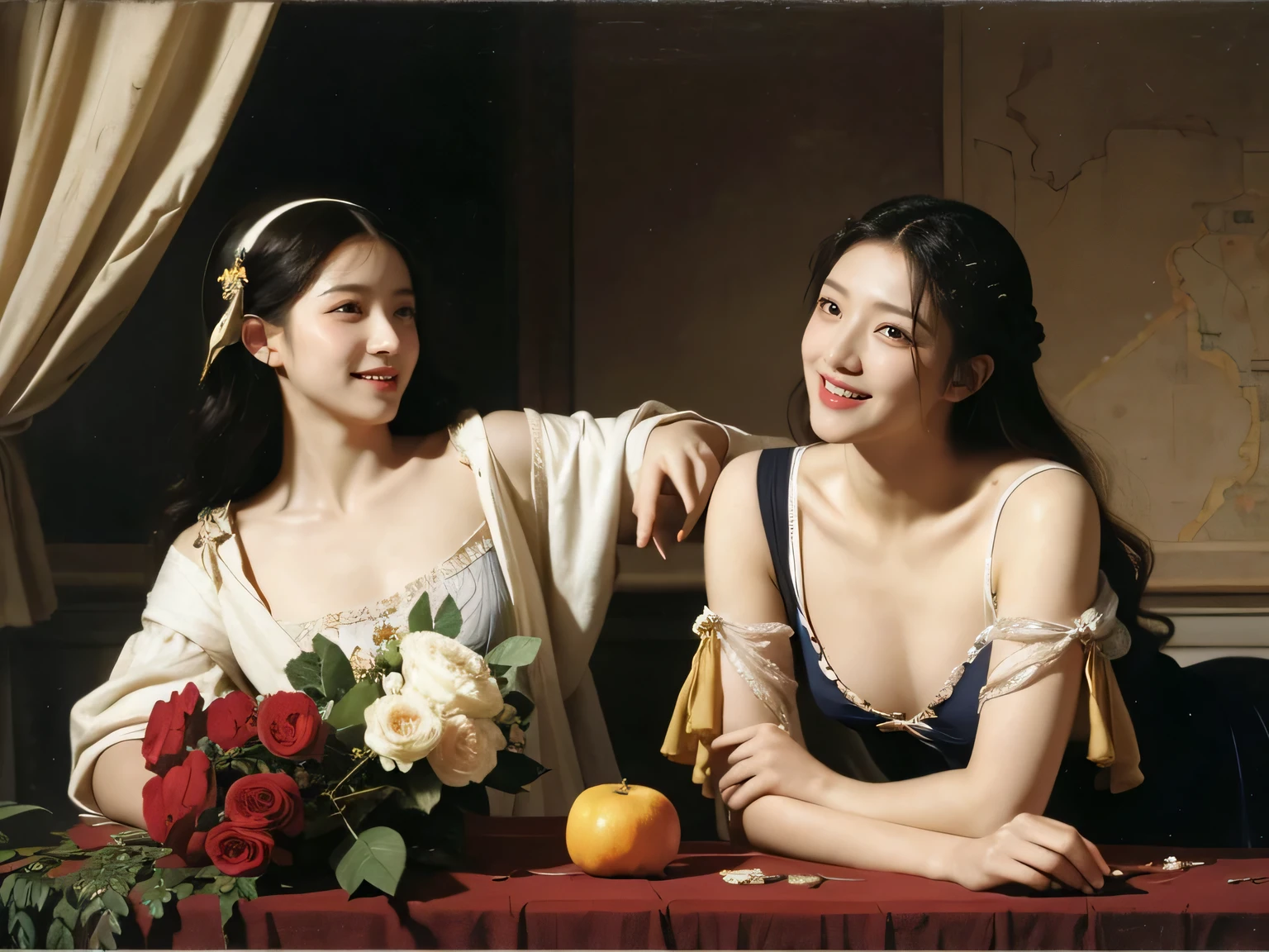 Giorgione painting style,Arguments of two female Philosophe,math、astronomical machine、astronaut、roses in vase、fruits、Cute trinkets、smile、ancient greek costume、Ancient Roman landscape in the style of Nicolas Poussin,laughter,,Sweet and seductive appearance.、Caravaggio's paintings、Chiaroscuro of Caravaggio、hair tousled by the wind,Two women frolicking,cute smile, expression of ecstasy,Sexy,erotic