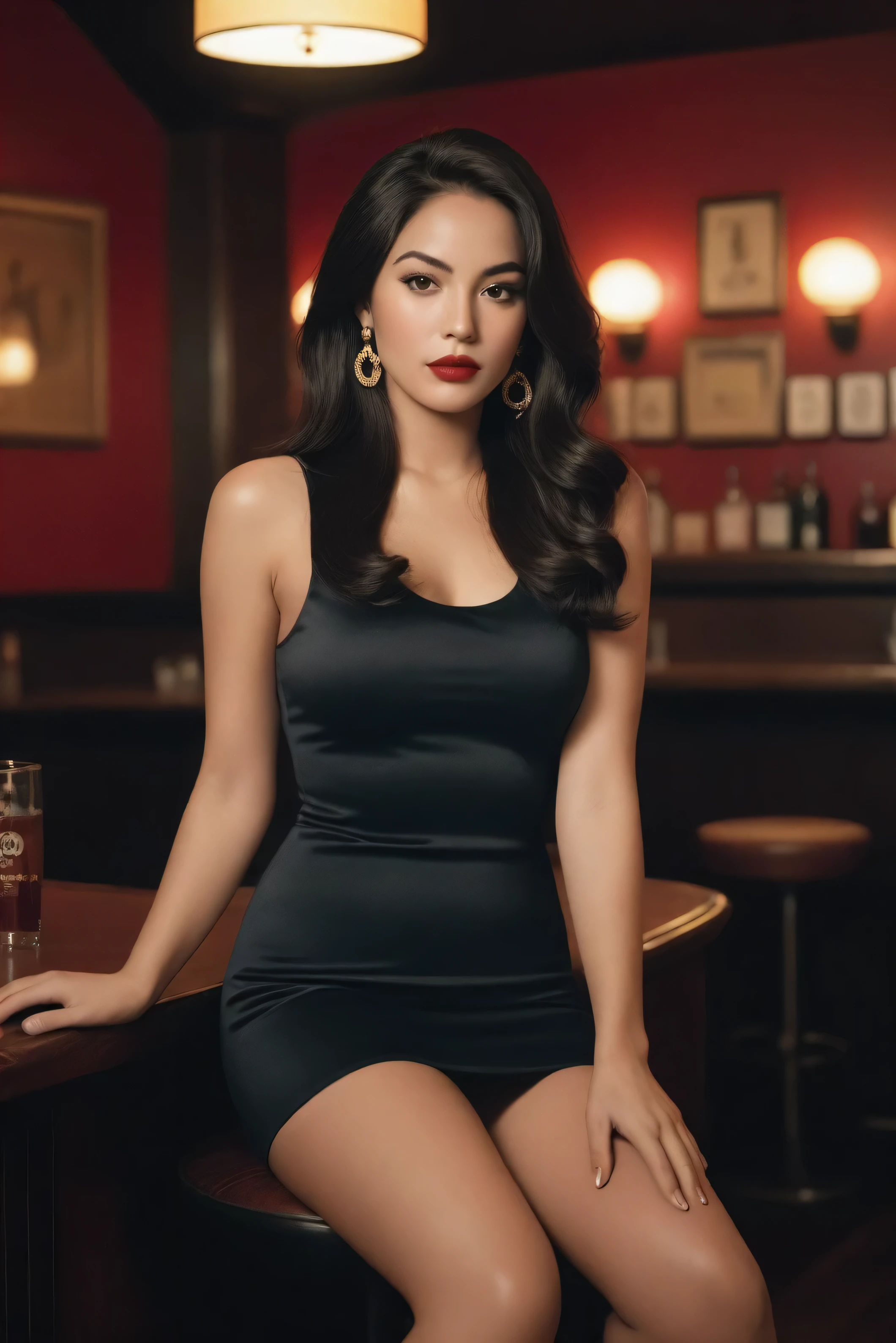 realism, photorealistic, Technicolor: Vintage, Saturated, photo of a 25-year-old sultry Colombian woman, long black wavey hair, 60's style short dress, sitting cross-legged at the bar, detailed face, large breasts, thick lips, long legs, standing openly slightly blurred detailed backgrounds, realistic photo, a professional photo, camera as a spectator, sexy visual, photorealistic, cute, long black hair, Kodak Super 8, film grain, metallic red long tank top, earrings, curvy body, in a dark room lit by candle