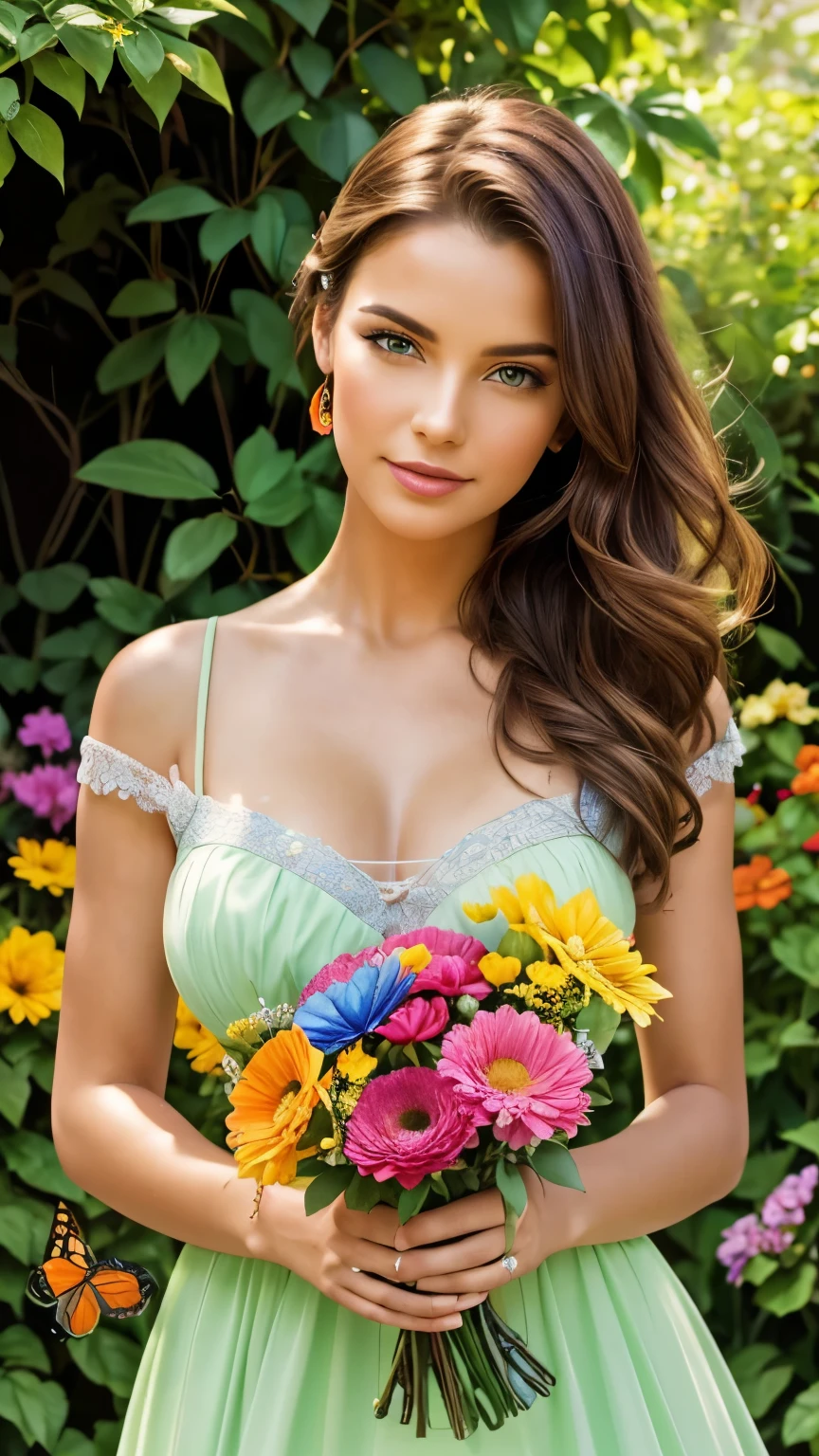 holding a bouquet of colorful flowers in a vibrant garden, surrounded by butterflies and basking in the warm sunlight. (best quality, highres, ultra-detailed), (portrait, outdoor), (bright and vibrant colors), (soft and dreamy lighting), (realistic).