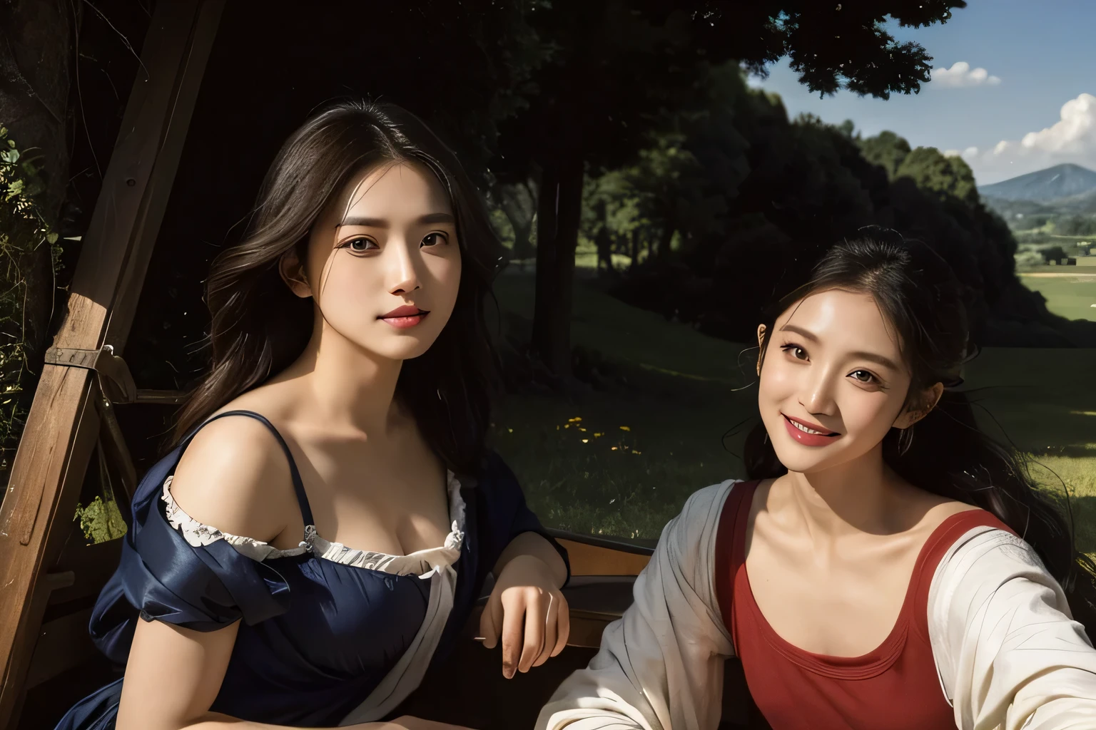 Poussin-style landscape,A smile,,Sweet and seductive appearance.、Caravaggio's paintings、Chiaroscuro of Caravaggio、Hair disheveled in the wind,Two women frolicking,Cute smile, Expression of ecstasy