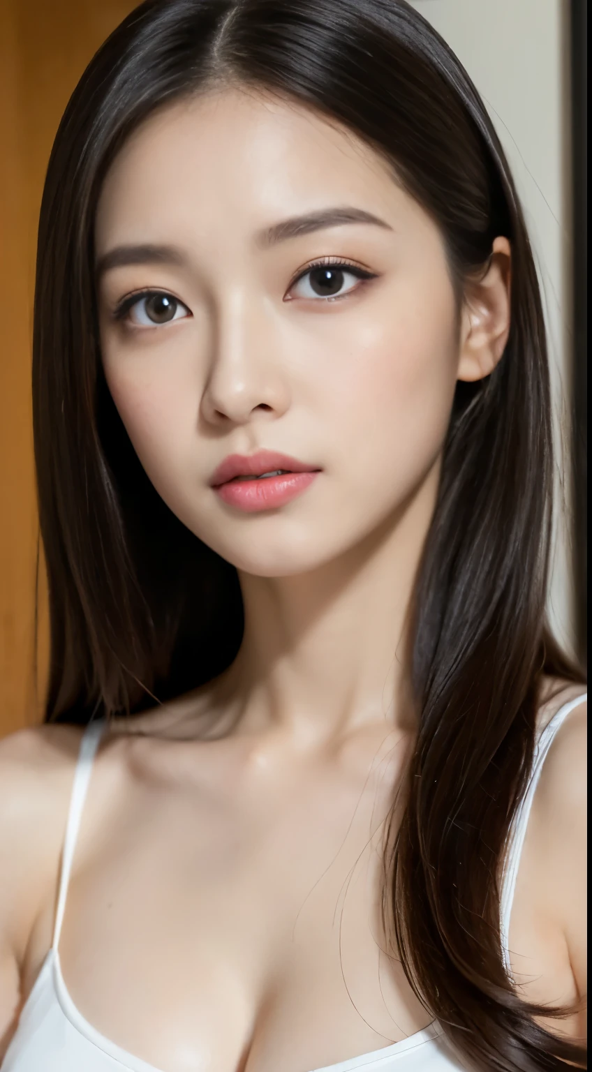 (((32K,very high resolution, high detail, very accurate,masterpiece girl 1))),RAW photo & realistic atmosphere,japanese 18 year old girl,beautiful dark blue eyes,detailed mouth,glossy lips,fine eyebrows,Soft white skin that shines in every detail,,detailed eyes、korean idol,Young sensual idols,Moist eyes,,Beautifully shaped breasts,very cute beautiful girl, 超A high resolution、white slip、on the hotel bed, half-open duck mouth, whole body, Cowgirl
