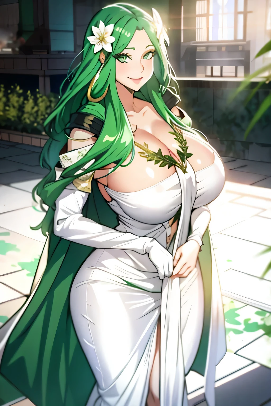 green hair, white dress, green eyes, gigantic breasts, cleavage, ultra-detailed(best quality,highres:1.2), ultra-detailed eyes, smiling