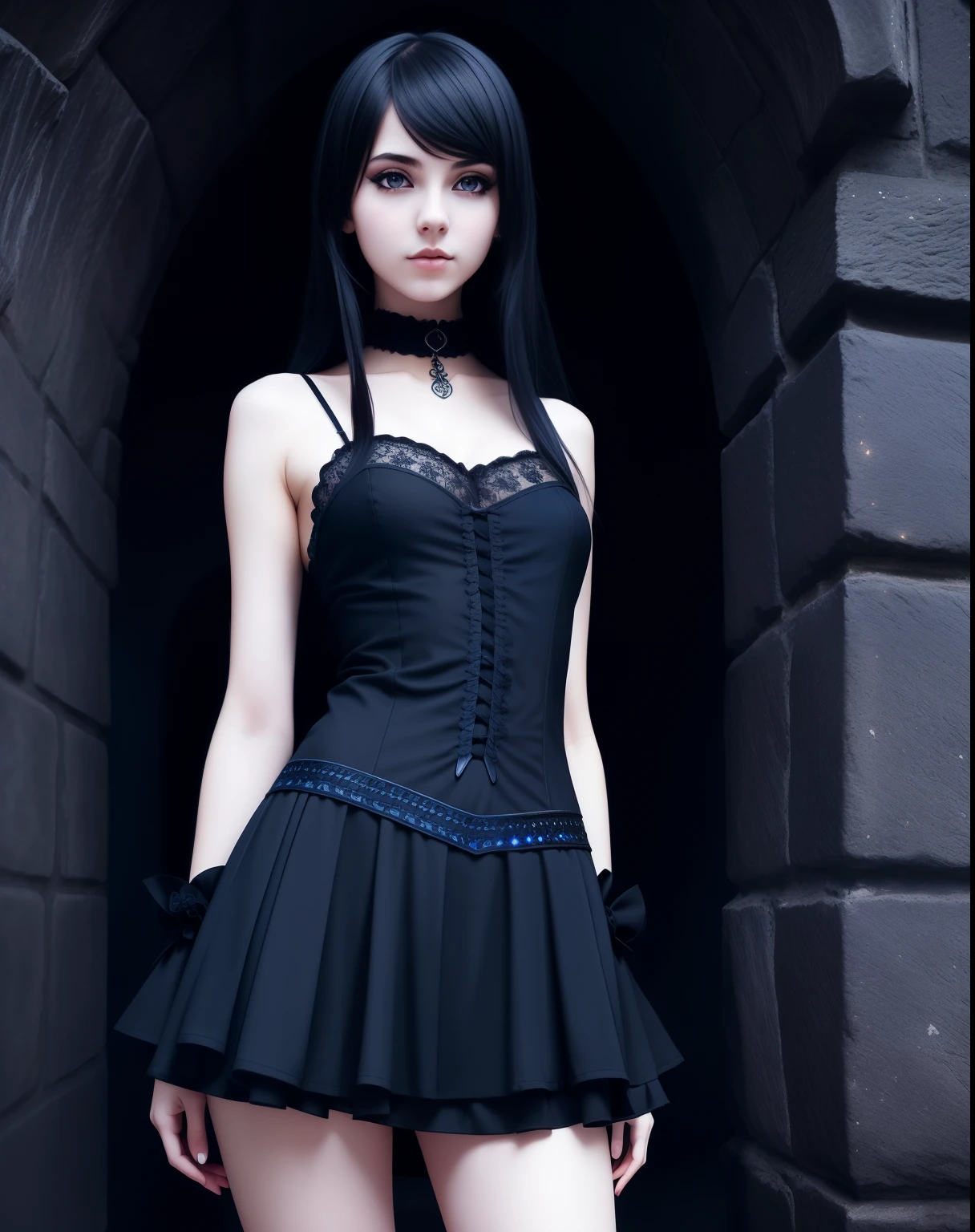 attractive gothic girl, aestetic body, gothic aesthetics, dark blue, lighting effects, mysterious appearance, high contrast, stone cave walls in the background, detailed face, ultra detail, hyperrealism, full body, teen, young, thin thighs, short miniskirt,