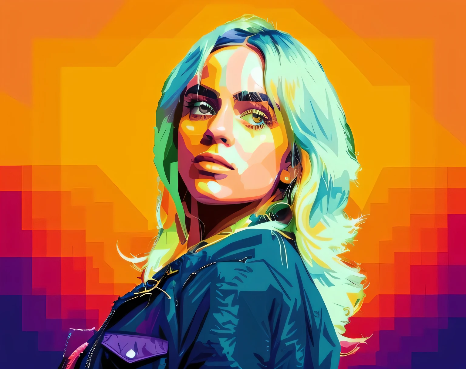 Um close up de uma pintura de uma Mulher, Retrato de Billie Elish, WPAP, Arte colorida do filme, Billie elish, Vector Art Style, "Billie Elish, Arte vetorial, Fan Art vibrante, Rosto de Billie Elish, Arte vetorial multicolorida, in illustration style digital, Arte de Alessandro Pautasso, Obra-prima de arte