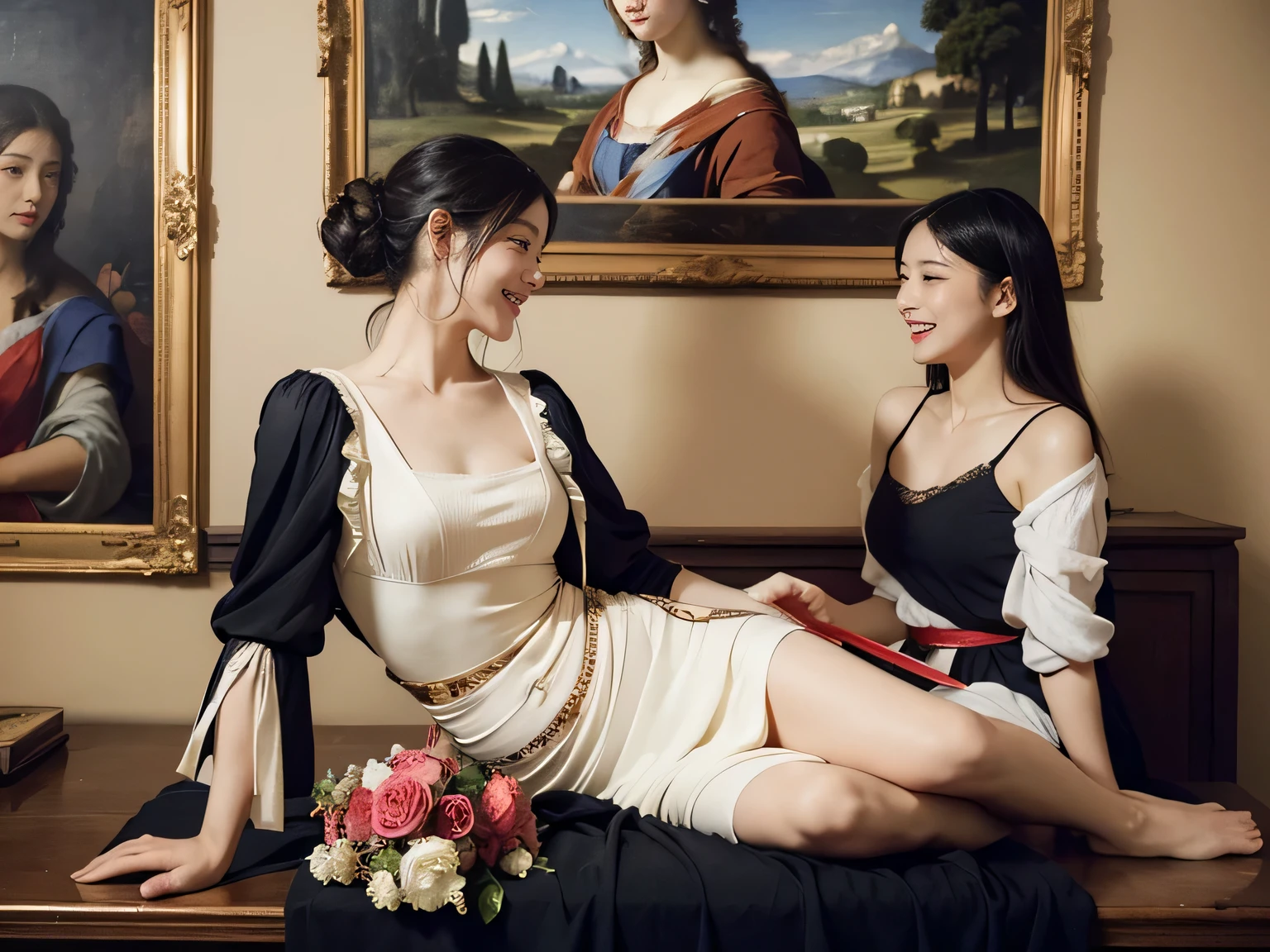 Giorgione painting style,Arguments of two female Philosophe,math、astronomical machine、astronaut、roses in vase、fruits、Cute trinkets、smile、ancient greek costume、Ancient Roman landscape in the style of Nicolas Poussin,laughter,,Sweet and seductive appearance.、Caravaggio's paintings、Chiaroscuro of Caravaggio、hair tousled by the wind,Two women frolicking,cute smile, expression of ecstasy,Sexy,erotic