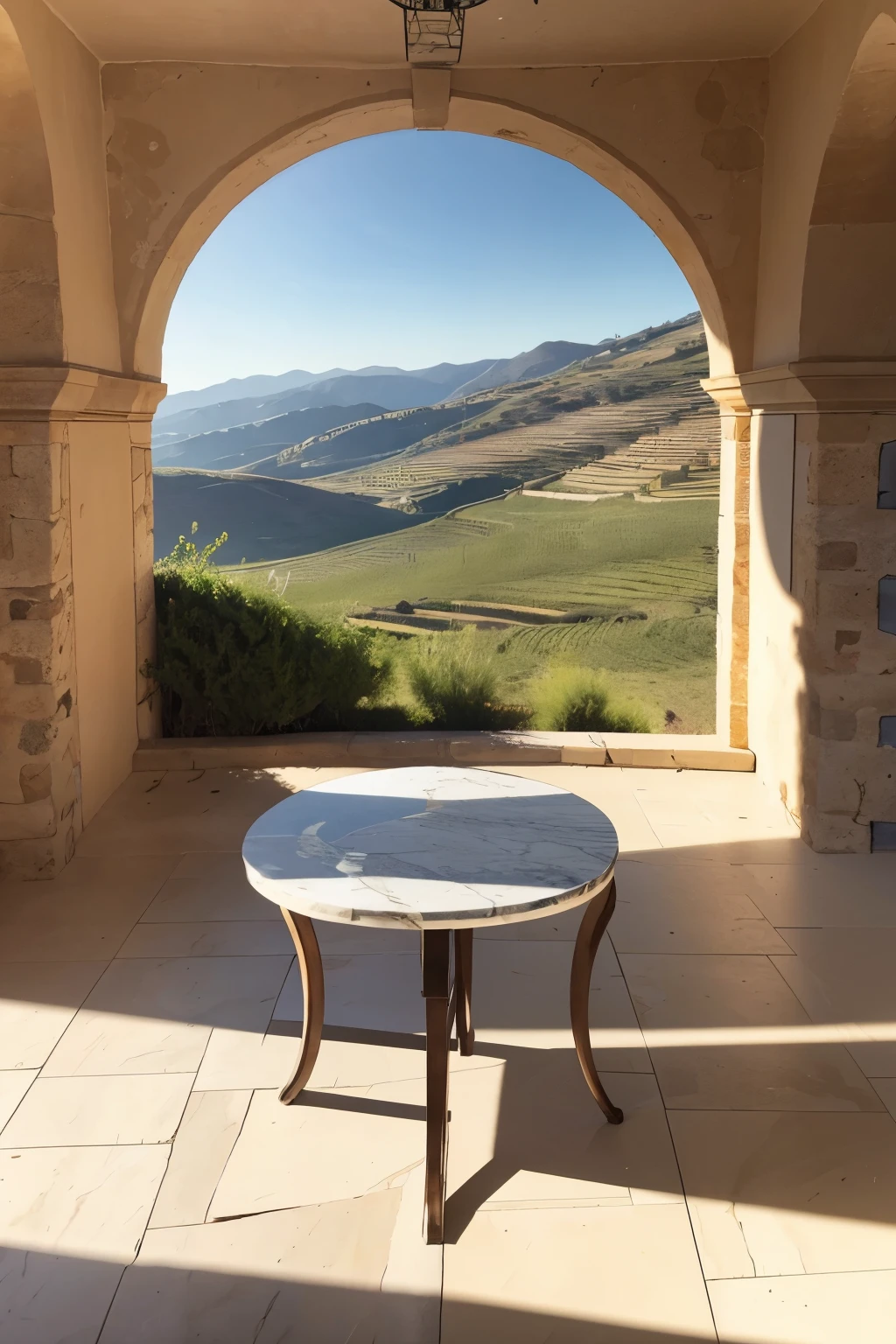 bottle of olive oil on marble table in the foreground, shadow of olive branches, dominant position on hilltop looking down to a italian valley landscape with hills in the distance, sun, blue sky, fields of olive trees, terracotta pot with olive tree, plaster building, natural stone wall,