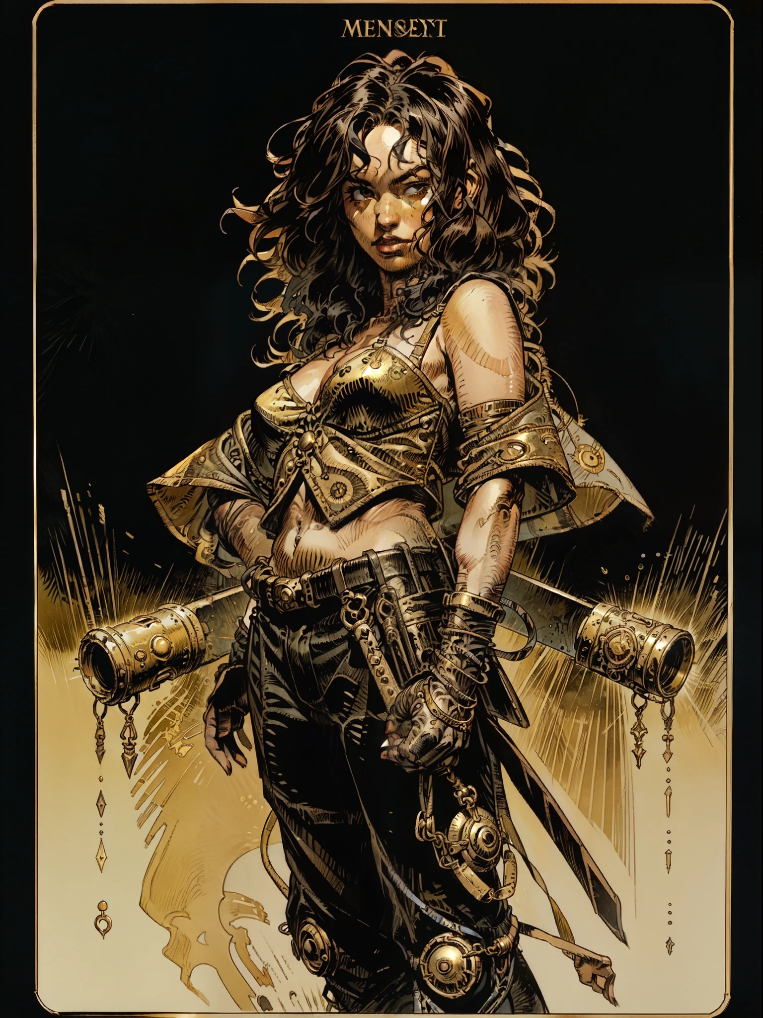 (best quality, masterpiece), (tarot, tarot card,:1.1), A post-apocalyptic warrior, uma mulher de 35 anos quase nua no estilo Simon Bisley para a capa da revista Heavy Metal, cabelo metade preto metade branco, Minimum clothing, roupas curtas, black background, golden, glorious, empty background, epic vibe, in the style of Druuna