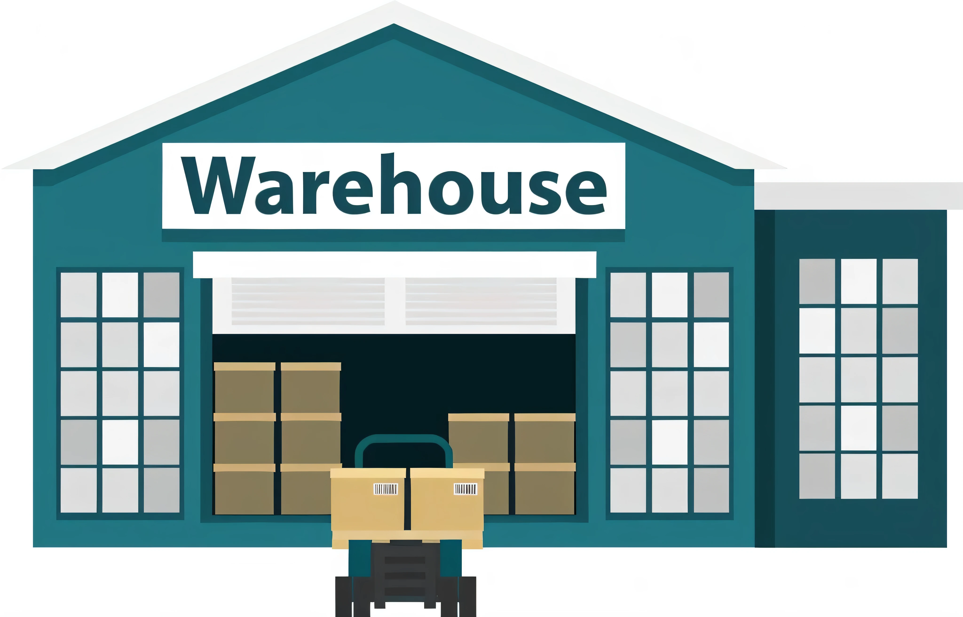 a cartoon of a warehouse with a cart full of boxes, warehouse, warehouses, in warehouse, william warehouse, [[empty warehouse]] background, in a warehouse, grey warehouse background, inside a warehouse, full pallet image, empty warehouse background, pallet, multi-part, item, exploitable image, full device, cart, 4 0 0 0 0 0