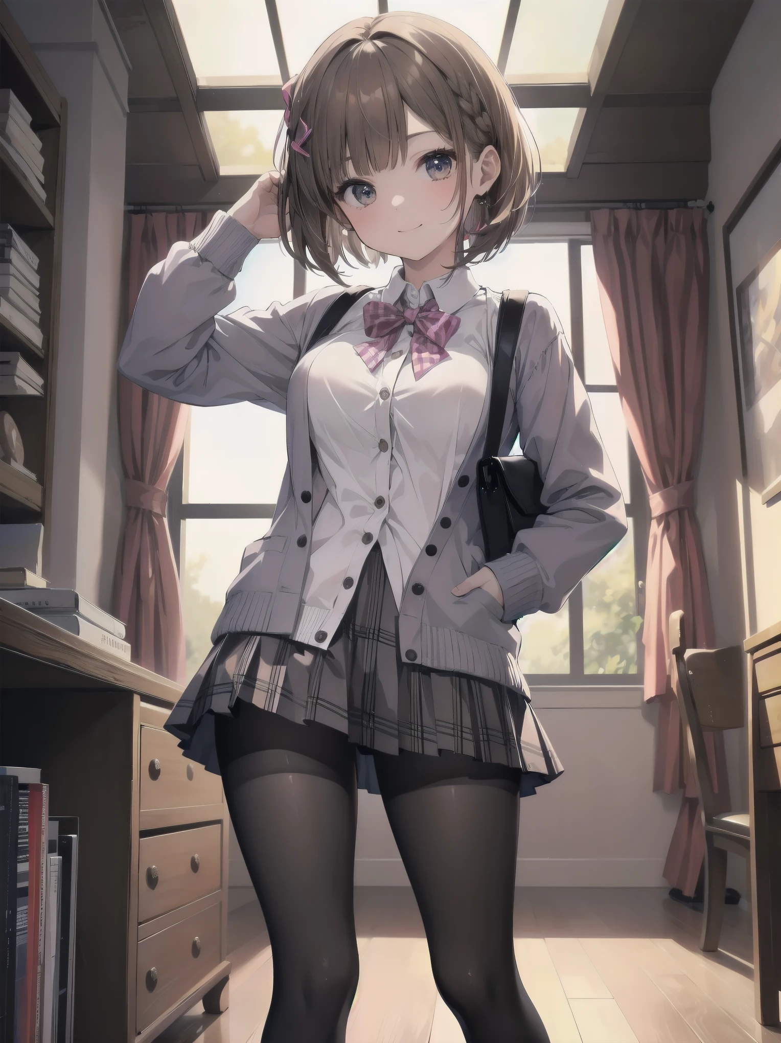(Ultimate masterpiece), (Superb quality), (Ultra-detailed), High resolution, Ultimate beauty, High saturation, Vivid,.
 
 
1 beautiful girl,(cute girl),(thighs, black tights),(loafers),(pink cardigan),(gingham check priss skirt),.
Super smile, brown hair, one length bob cut braided, hair ribbon, (standing, dynamic pose), prestigious private girls high school, indoor background,
Uniform fashion magazine shoot, professional shading, best illustration of her looking pretty.