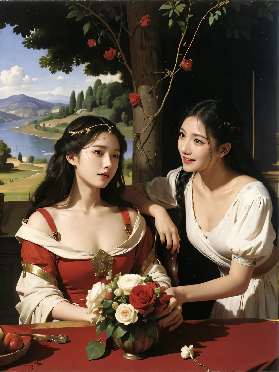 Giorgione painting style,Arguments of two female Philosophe,math、astronomical machine、astronaut、roses in vase、fruits、Cute trinkets、smile、ancient greek costume、Ancient Roman landscape in the style of Nicolas Poussin,laughter,,Sweet and seductive appearance.、Caravaggio's paintings、Chiaroscuro of Caravaggio、hair tousled by the wind,Two women frolicking,cute smile, expression of ecstasy,Sexy,erotic