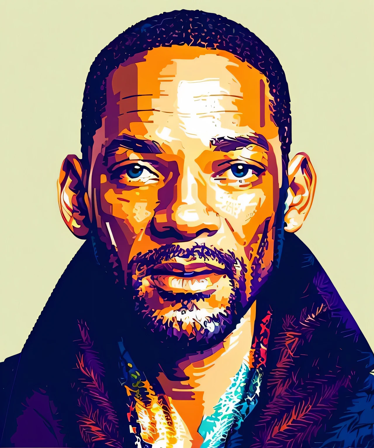 A Close Up of a Painting of a Man, Portrait of Will Smith, WPAP, Colorful Movie Art, Will Smith, Vector Art Style, "Will Smith, Vector Art, Vibrant Fan Art, Will Smith Face, Multicolored Vector Art, in illustration style digital, Art by Alessandro Pautasso, Masterpiece of art