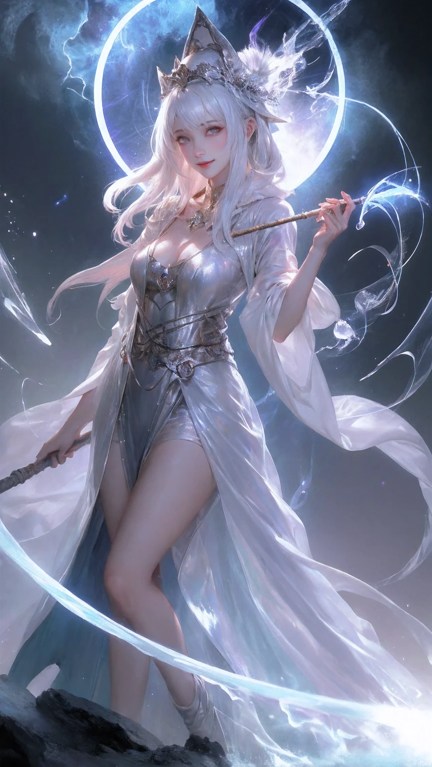 Japanese cartoons, 1 girl, alone, wizard hat, robe, Holder, on the magic circle, light particles, glowing light