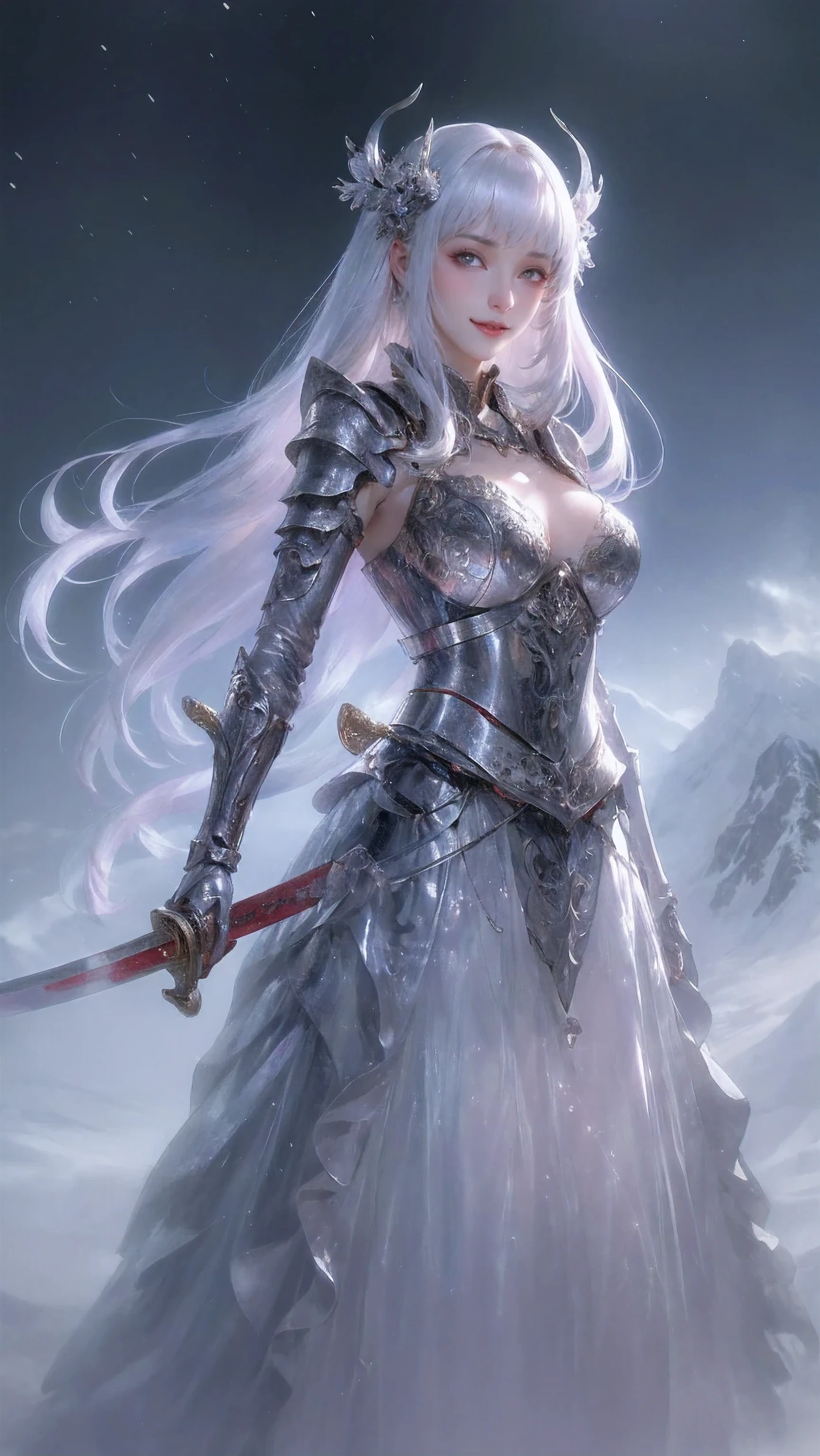 masterpiece, kawaii, Japanese cartoons, Cute, Aesthetic, extremely beautiful,
1 girl, alone, Permanently installed, (holding sword:1.5), Front view, looking at the audience, from below, close up,
silver hair, straight hair, long hair, blunt bangs, red eyes, Decide, Serious,
, Paladin, Armor dress,
landscape, Mountain, fantasy, midnight, night sky, sparkling, light particles, glowing light, bloom, ambient occlusion,
best quality, extremely high quality, high quality, super quality