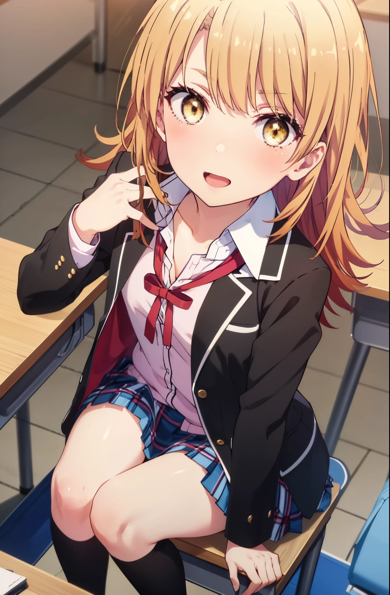 irohaisshiki, iroha isshiki, long hair, brown hair, (brown eyes:1.5), Medium chest,smile,open your mouth,blush,Right hand takes a selfie from above the head,left hand is on the desk,medium chest,black bra,sit at desk,
break skirt, shirt,  school uniform, Jacket, white shirt, open clothes, socks, open Jacket, black Jacket, plaid, knee high, plaid skirt, blazer, black socks,soubu high school uniform,
break indoors, classroom,
break looking at viewer,
break (masterpiece:1.2), highest quality, High resolution, unity 8k wallpaper, (shape:0.8), (thin and beautiful eyes:1.6), highly detailed face, perfect lighting, Very detailed CG, (perfect hands, perfect anatomy),