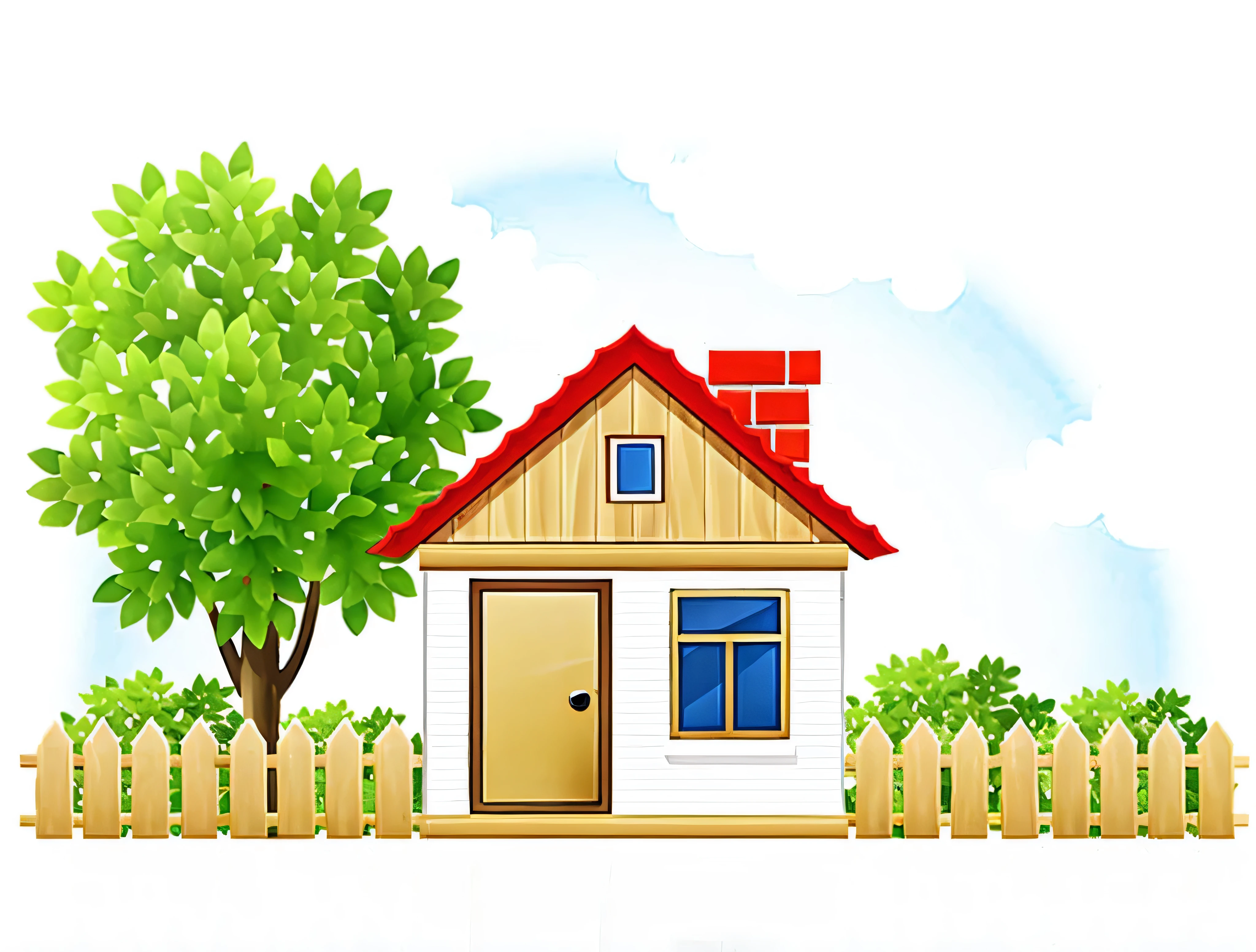 illustration of a small house with a fence and a tree, house background, house on background, house and home, rounded house and cute character, small cottage with red shutters, small houses, small scandinavian!!! houses, house illustration, home and garden, my home, houses and buildings, cartoonish vector style, the small house in the forest, wooden house, simple cartoon style
