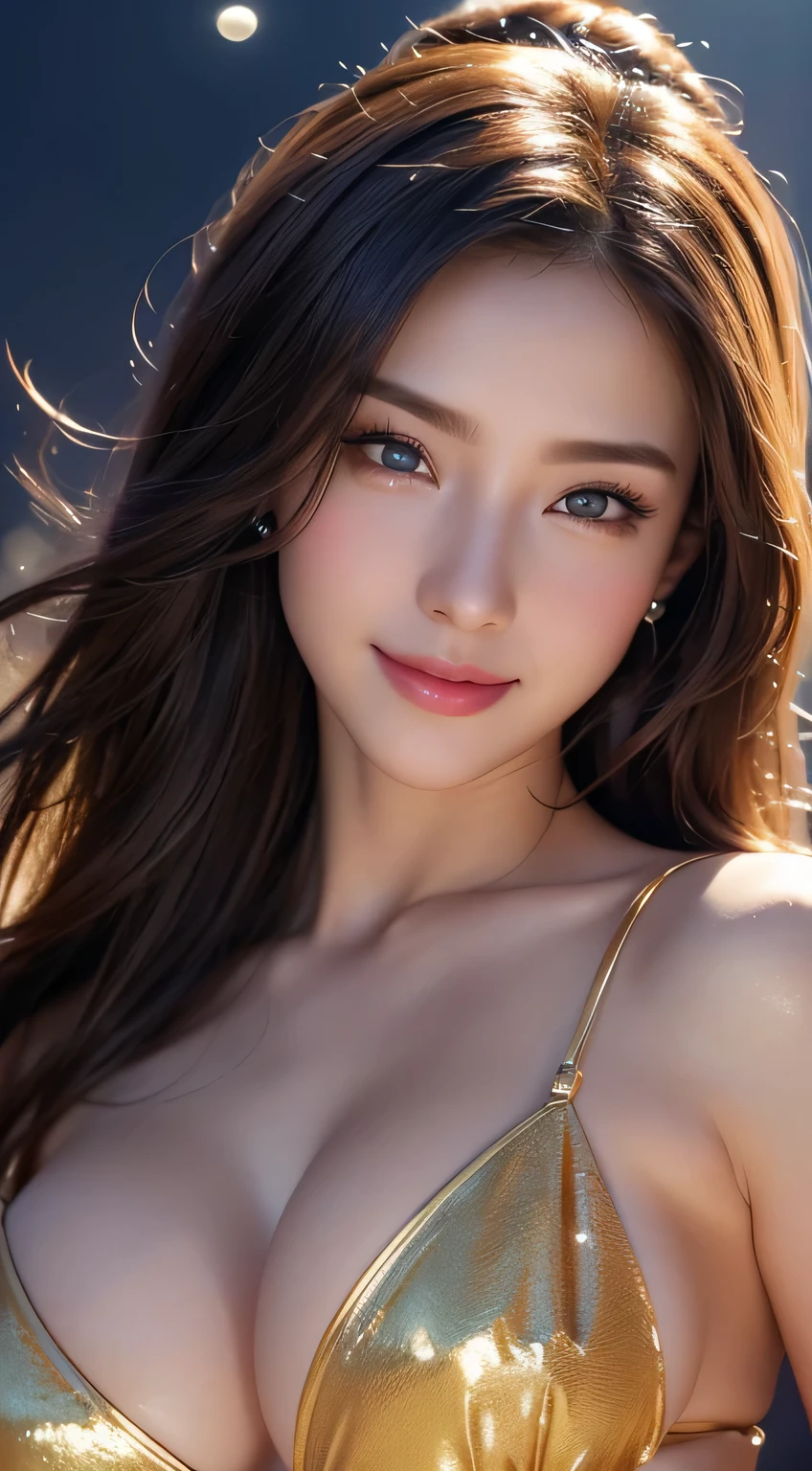 Beautiful woman，body portrait、8k，thin and beautiful eyes，Dindal effect、masterpiece, 最high quality, high quality, High resolution、very detailed写真、(natural skin texture、fine skin、hyper realism、Super sharpness)、high detail skin、(very detailed、fine skinの質感、intricate details、beautiful face、(lifelike face)、realistic eyes、beautiful and detailed eyes、real looking skin、beautiful skin、big breasts、G cup、glamorous、shiny skin、oily muscles、Bunny girl、surreal、very detailed、golden ratio、with smiling eyes、((night moonlight background))、body portrait