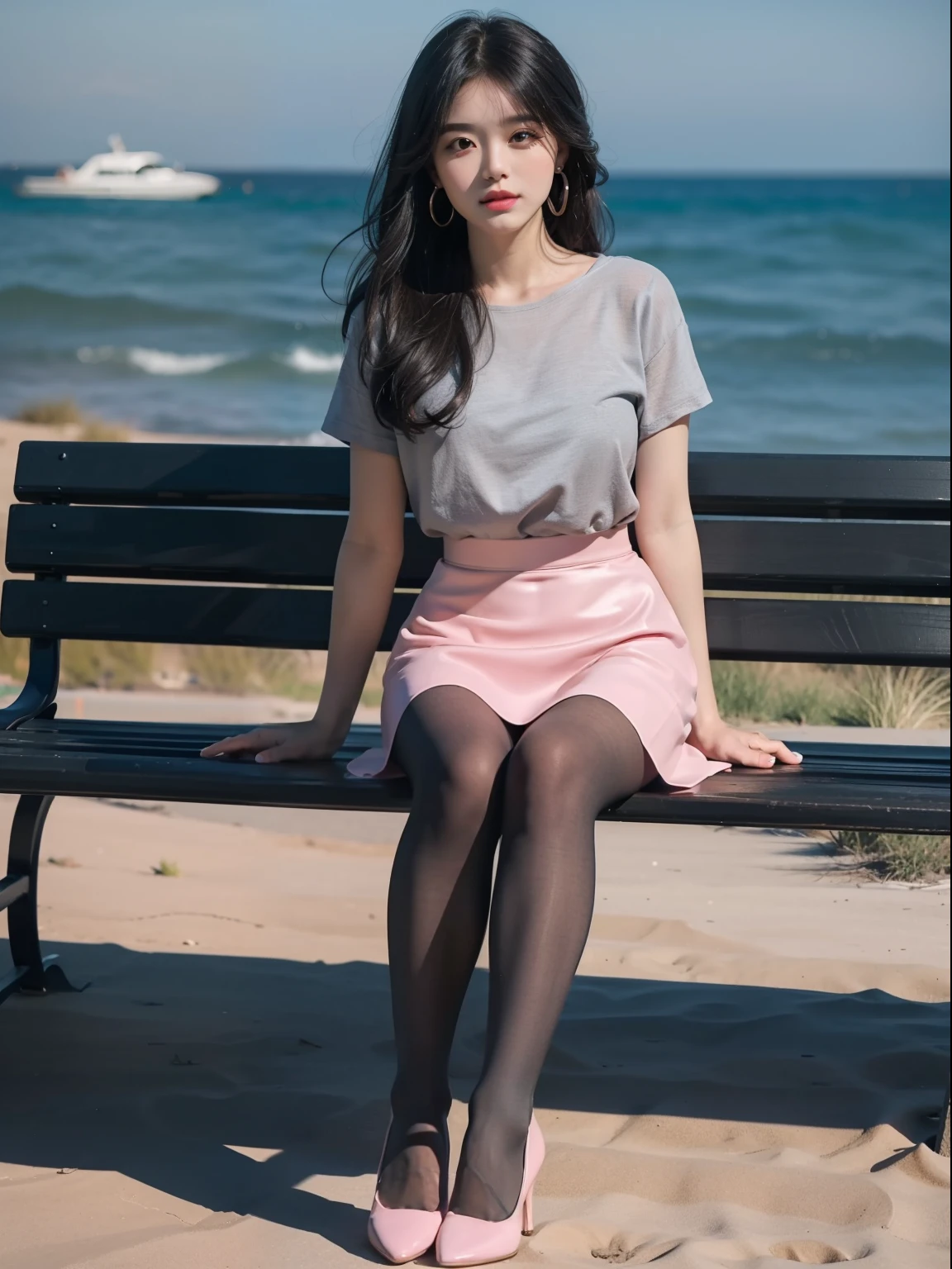 (whole body:1.5)，(1 girl:1.3),(view viewer:1.4)，(correct anatomy:1.3),(Sitting on a bench by the sea:1.2),(pink and blue rubber skirt :1.2),( dim gray pantyhose:1.3),pumps、( girl&#39;s pointed thick heels :1.1)，(accurate and perfect face:1.3),hyper hd, ray tracing, reflected light， structurally correct, Award-winning, high detail, Brighten the contrast of shadows, face lighting ，cinematic lighting, masterpiece, super detail, high quality, high detail, 最high quality, 16k，high contrast,black hair、whole body写真、ear piercing
