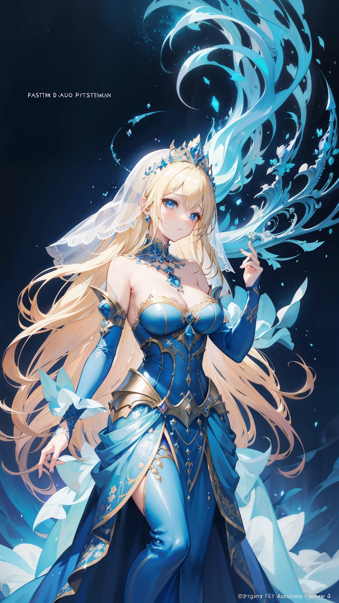 Blonde woman in a blue dress with a veil and a veil on her head, beautiful fantasy maiden, detailed fantasy art, beautiful fantasy art, blonde hair princess, art station artgerm on pixiv, beautiful maiden, ((beautiful fantasy empress)), 2. 5d cgi anime fantasy artwork, fantasy art style, detailed digital anime art, fantasy style art