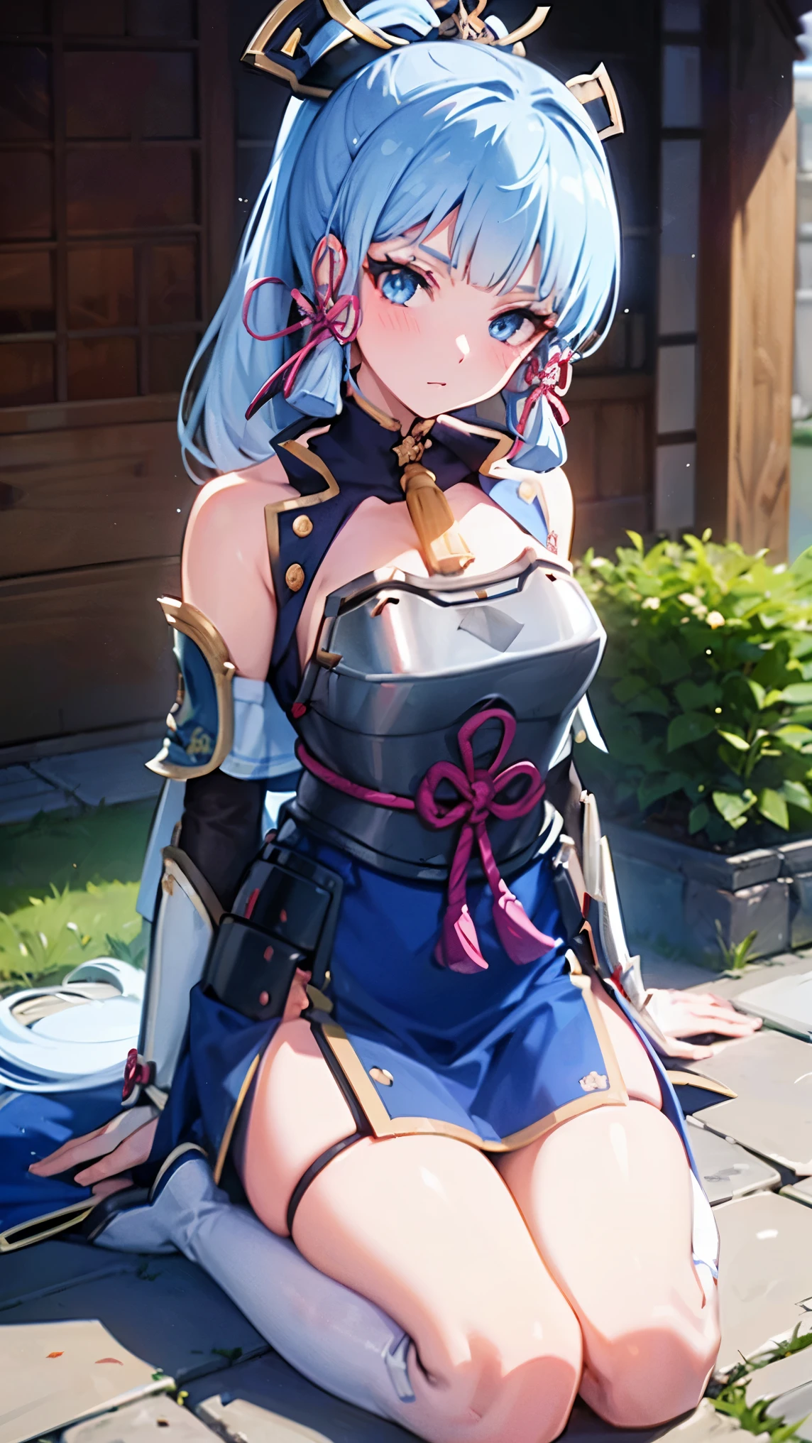 look at viewer, 1 girl,  best quality, blue hair, blue eyes, Japanese-style armor, sword in hand, Electrical, kamisato ayaka, whole body, blush, serious face、Super detailed、High level image quality、High resolution、Depth of the bounds written、castle town,Japanese sword with long blade,（Out of lineup,war,war乱の世,general,fan）