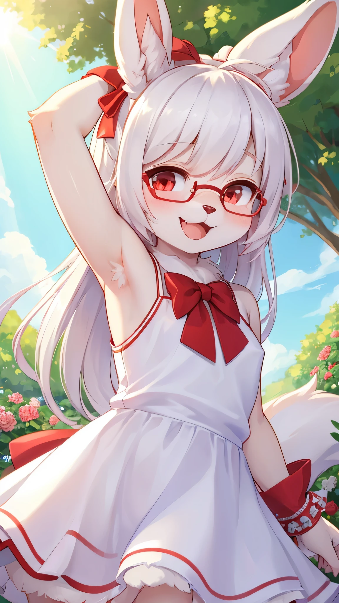 best quality,best resolution,(fluffy anthro furry :1.6),(young :1.6),white rabbit girl,small breasts,red eyes,glistering eyes,white long hair,white rabbit long ears,white rabbit tail,red ribbon bowtie,glasses,red ribbon hairpin,red bracelet with ribbon,pink cute ruffles dress with ribbon,shoulderless,sleeveless,huge flower garden,white sunlight,outdoor,looking at viewer,happy face,smile,heavy breath,full face blush,show armpits,open mouth