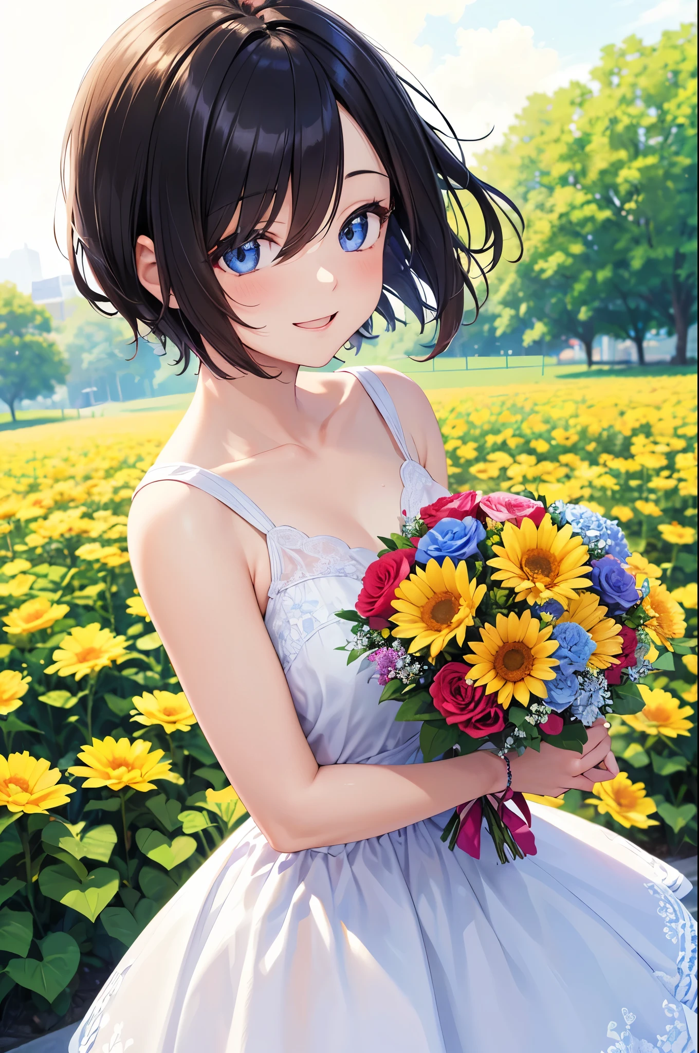 (best quality,highres:1.2), vibrant colors, flower garden, sunny day, summer, cheerful atmosphere, 1girl, beautiful detailed eyes, long eyelashes, ((dropping eyes, happy expression)), flowing hair, colorful dress, smiling face, hands holding a bouquet of flowers. short hair,