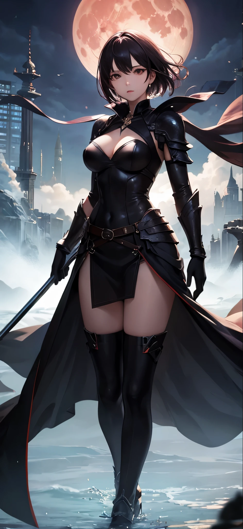 masterpiece, photorealistic, (A 22 years old very dignified girl),(red and black armor), (The Night of the Crimson Full Moon) ,solo,short hair, looking at viewer, (holding glowing weapon), double eyelid,delicate skin,slender body shape,