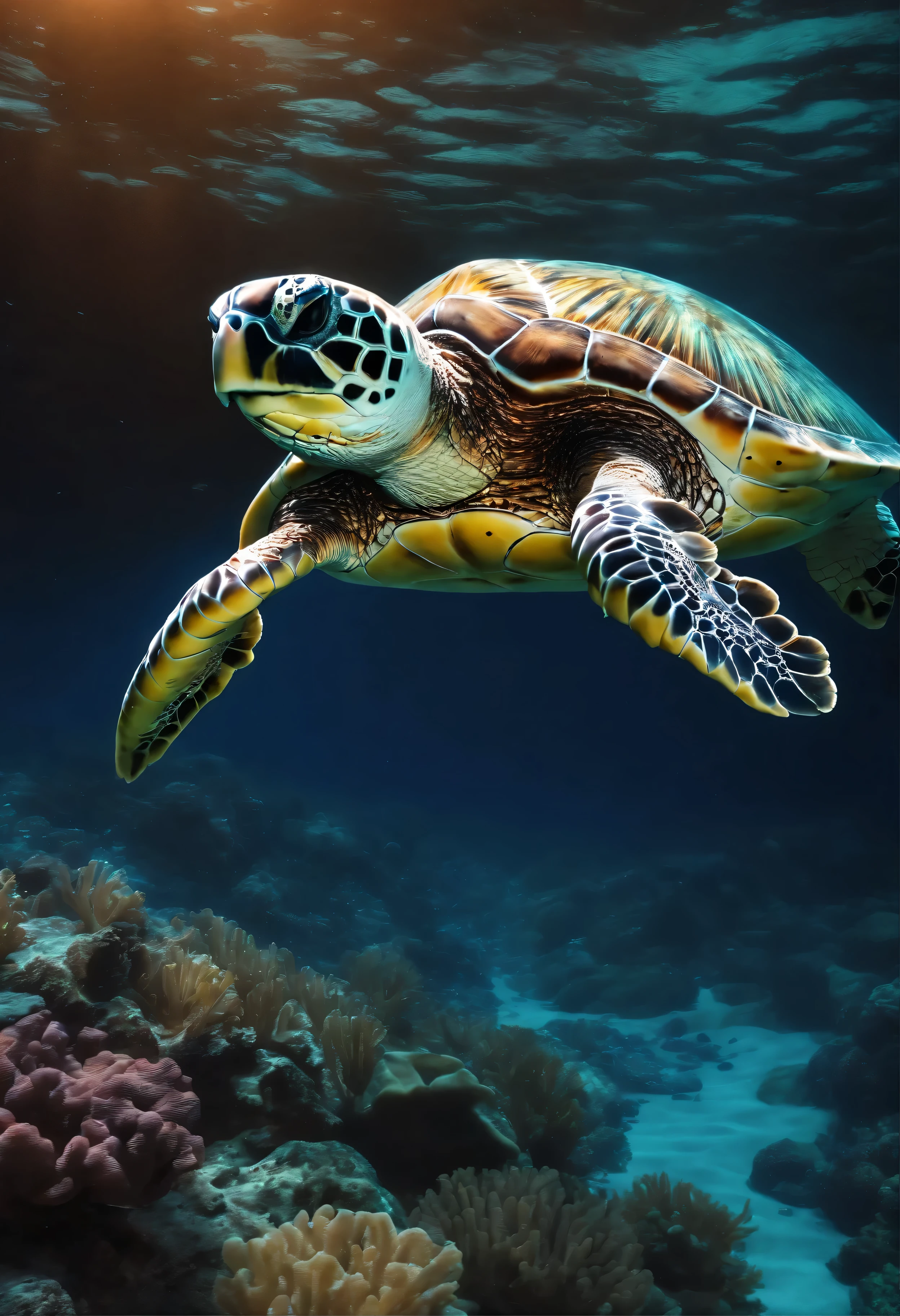 masterpiece, highest quality, super detailed, very detailed, beautiful detailed glow, ultra high resolution, very high resolution, realistic, photorealistic, beautiful, clear, best aesthetics, 4k, 8k, sea turtle, Sea, coral reef