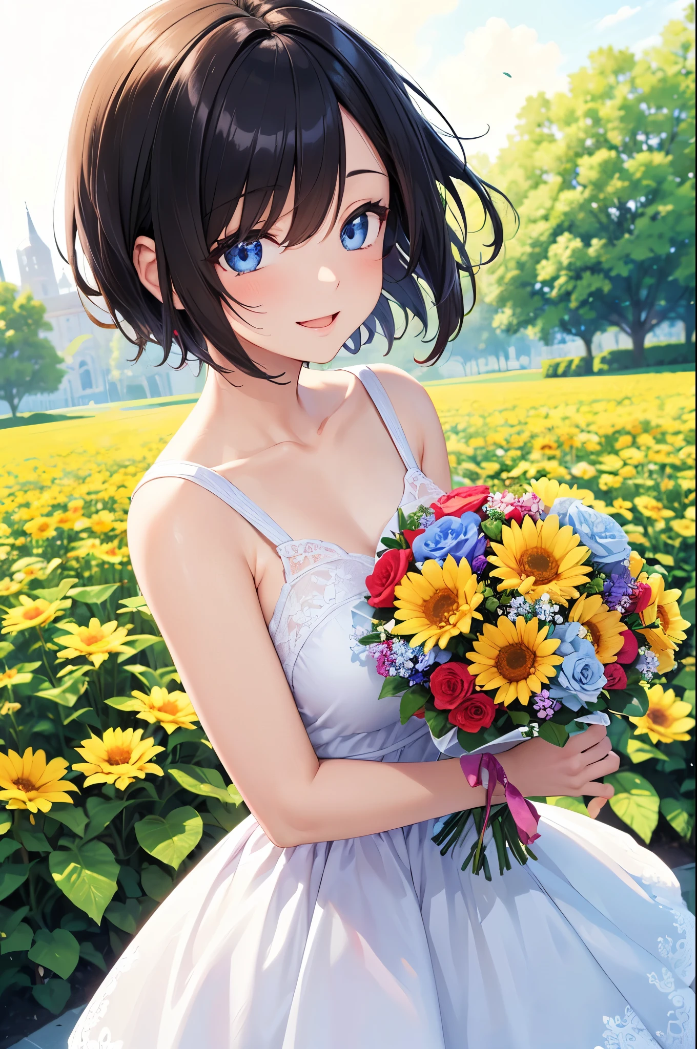 (best quality,highres:1.2), vibrant colors, flower garden, sunny day, summer, cheerful atmosphere, 1girl, beautiful detailed eyes, long eyelashes, ((dropping eyes, happy expression)), flowing hair, colorful dress, smiling face, hands holding a bouquet of flowers. short hair,