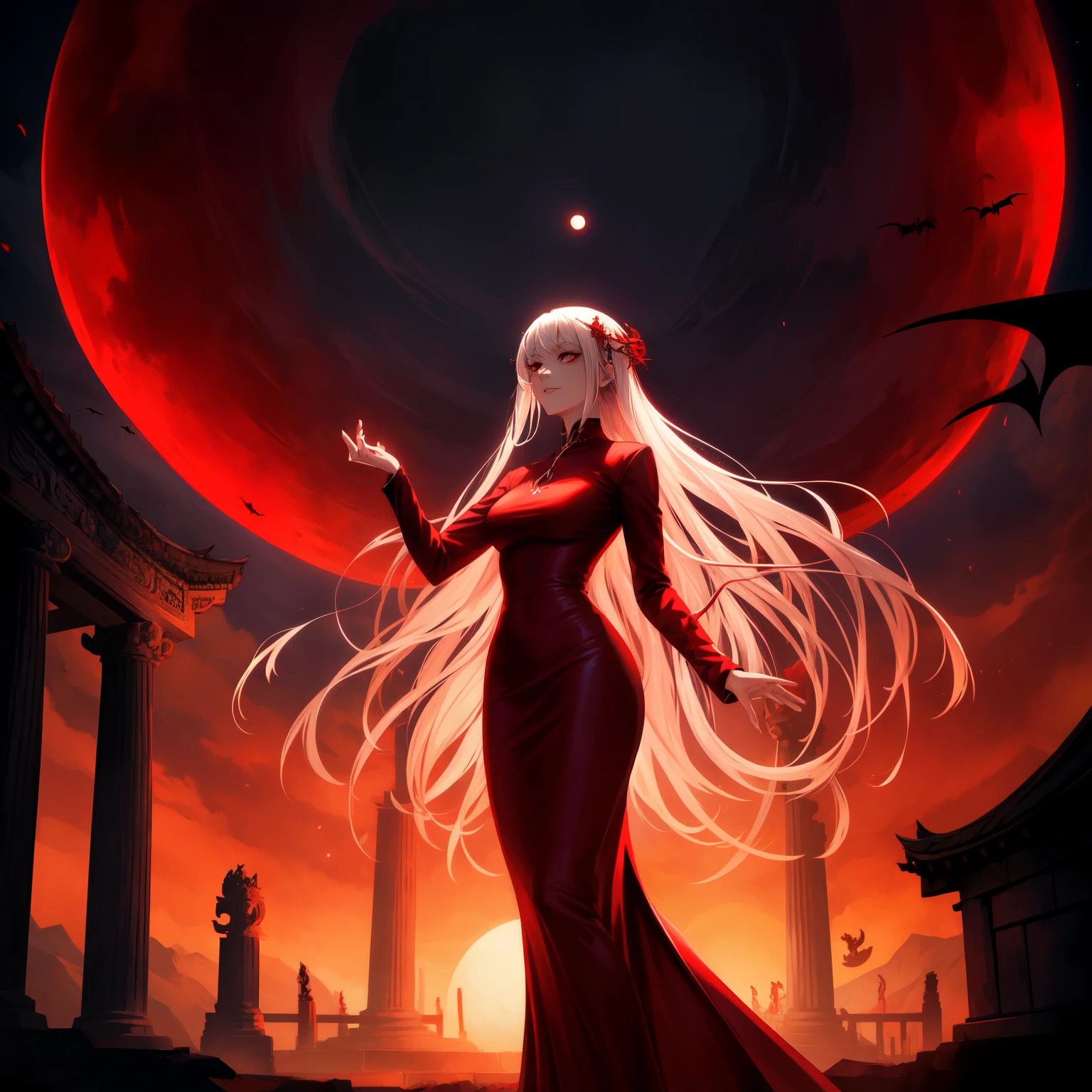 Woman wearing a bright red maxi dress stands in front of the full moon, red moon, dark fantasy style art, Beautiful and elegant vampire queen, Beautiful flowing white hair , praise the 血月,ruined ancient temple,The Vampire Queen raises her right hand to cast magic,Huge magic circle in mid-air