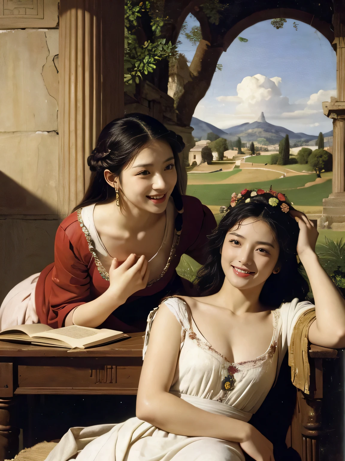 Giorgione painting style,Arguments of two female Philosophe,math、astronomical machine、astronaut、roses in vase、fruits、Cute trinkets、smile、ancient greek costume、Ancient Roman landscape in the style of Nicolas Poussin,laughter,,Sweet and seductive appearance.、Caravaggio's paintings、Chiaroscuro of Caravaggio、hair tousled by the wind,Two women frolicking,cute smile, expression of ecstasy,Sexy,erotic