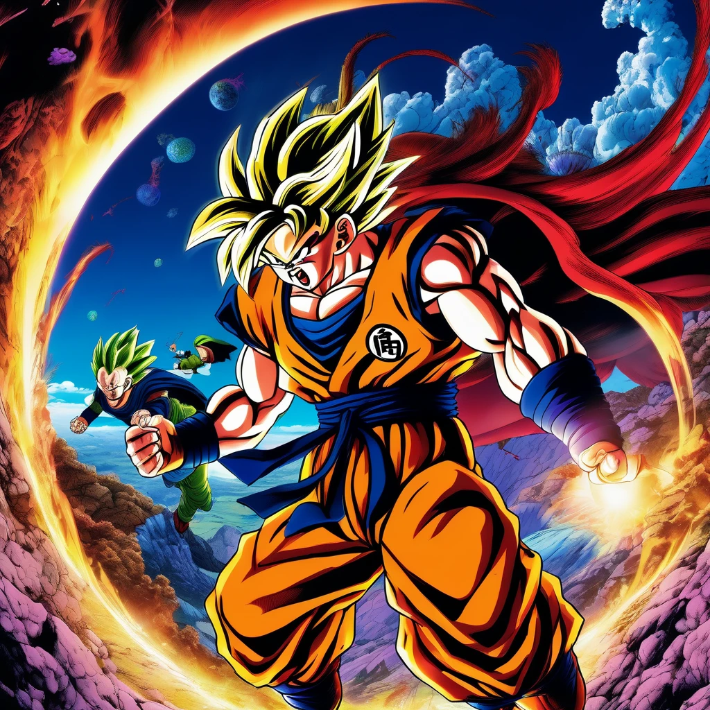 Dragonball, aesthetic, extremely detailed, Epic, High-resolution, Illustration, mid shot, Dragonball, exhilarated, powering up, otherworldly battle, alien planet, vibrant colors, dynamic lighting, edge lighting, fantasy, contrast, Fujifilm Superia, cinematic, Akira Toriyama, Jim Lee, Todd McFarlane.