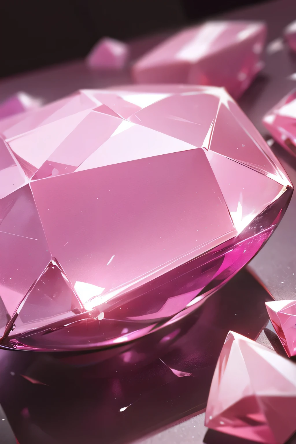 A pink gemstone placed on a table, surrounded by other pink gemstones. Close-up Shot Shot