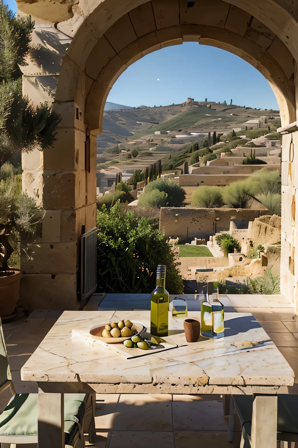 product photography bottle of olive oil on marble table in the foreground, shadow of olive branches, point of viewon hilltop looking down to a italian valley, landscape with hills in the distance, sun, blue sky, fields of olive trees, terracotta pot with olive tree, in the fare distance, sicilian farmhouse plaster building, natural stone wall,