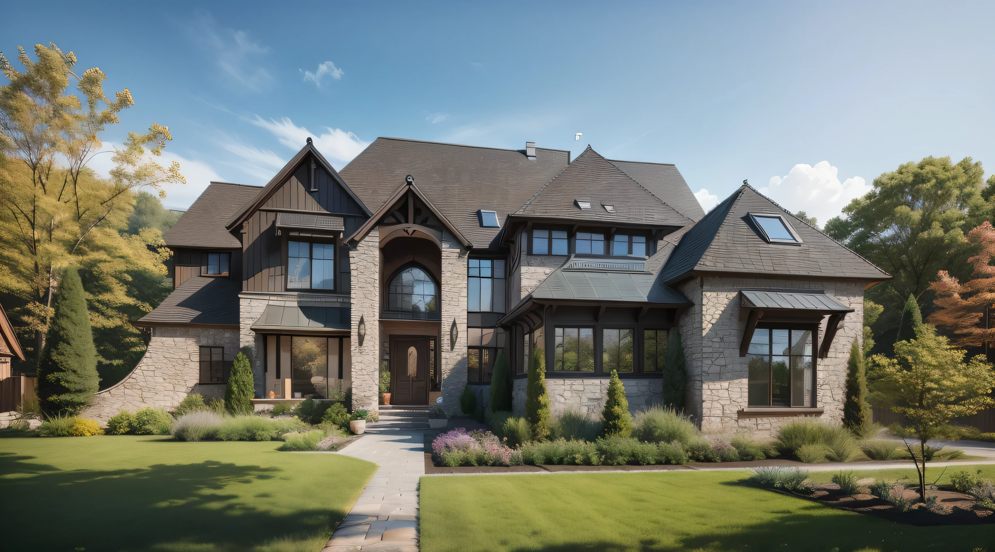arafed house with a stone walkway and a lawn, high quality rendering, architectural rendering, exterior design, neotraditional modern, beautiful rendering, beautifully detailed render, realistic 3 d style, professional render, realistic rendering, highly detailed render, a photorealistic rendering, highly rendered!!, fully detailed render, photo realistic style, detailed rendering, photorealistic rendering, realistic style