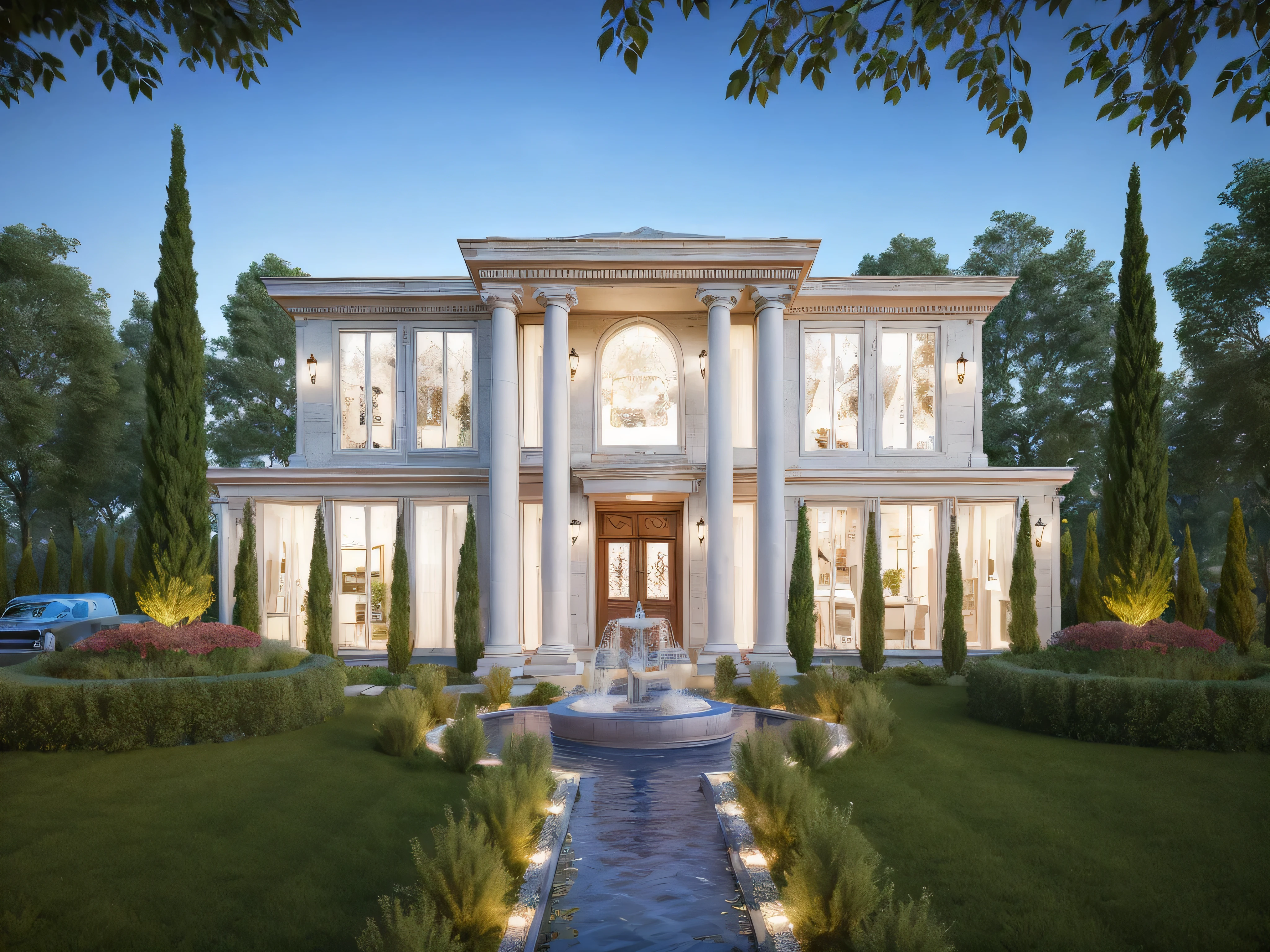 arafed view of a large white house with a fountain in front, neo - classical style, neo classical architecture, neoclassical style, neo - classical, neo-classical, neoclassical architecture, architectural visualisation, well-designed masterpiece, stunning masterpiece, architectural rendering, luxury architecture, architectural visualization, exterior design, architectural render, award-winning render, classical architecture