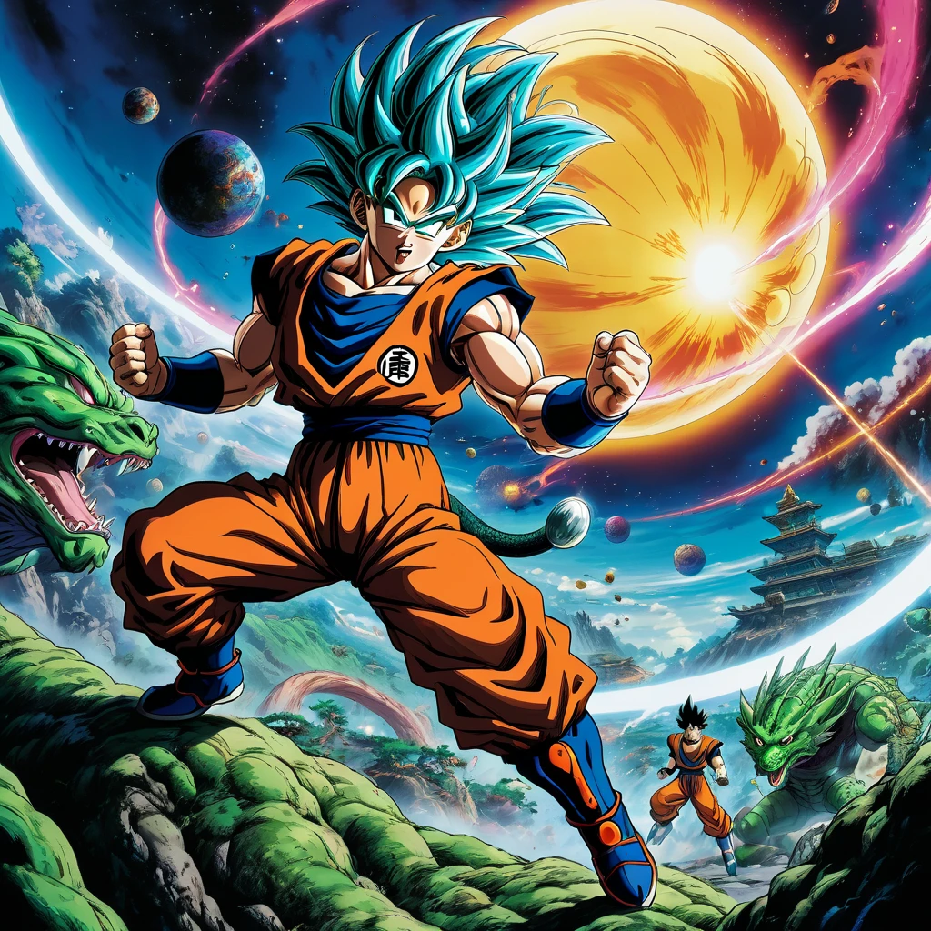 Dragonball, aesthetic, extremely detailed, Epic, High-resolution, Illustration, mid shot, Dragonball, exhilarated, powering up, otherworldly battle, alien planet, vibrant colors, dynamic lighting, edge lighting, fantasy, contrast, Fujifilm Superia, cinematic, Akira Toriyama, Jim Lee, Todd McFarlane.