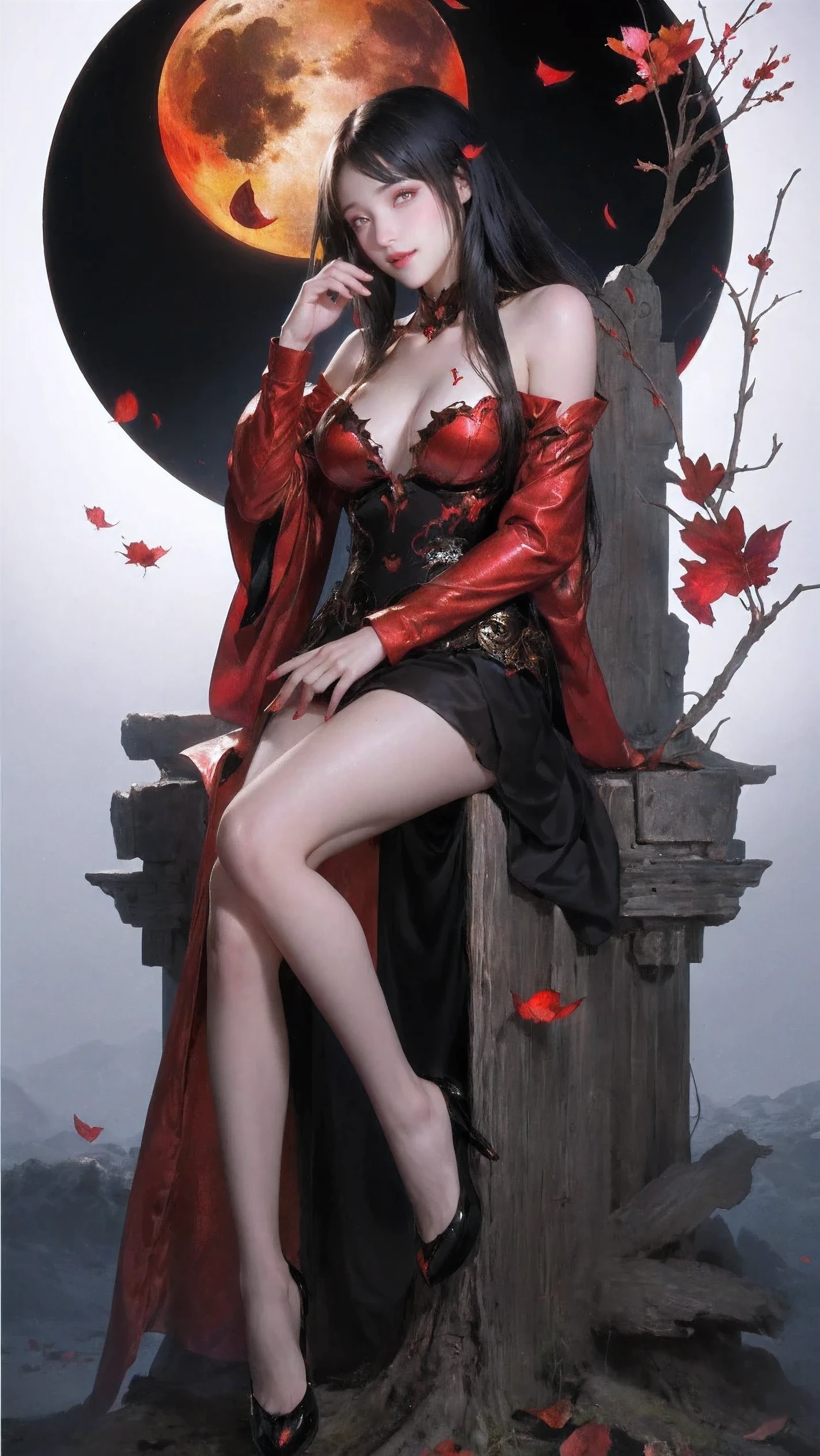 Japanese cartoons, girl, red eyes, black hair, long hair, pray, sitting, petal, fallen leaves, midnight, moonlight, blood moon