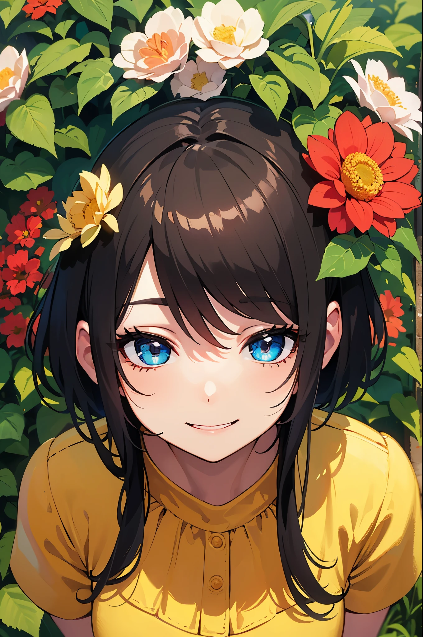 (best quality,highres:1.2), vibrant colors, flower garden, sunny day, summer, cheerful atmosphere, 1girl, beautiful detailed eyes, long eyelashes, ((dropping eyes, happy expression)), flowing hair, colorful dress, short hair,
