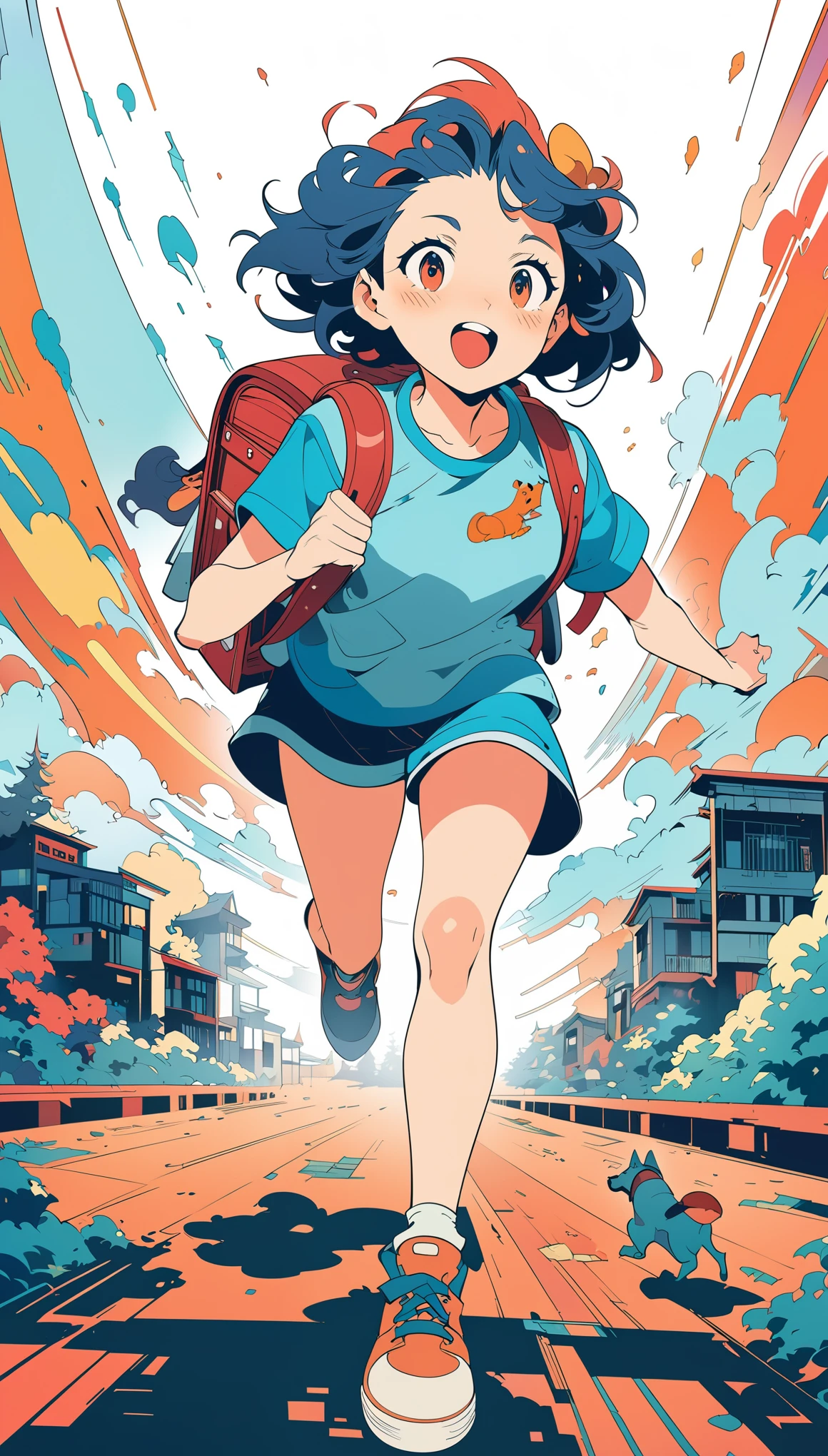 Cartoon illustration of a woman running with her dog and backpack, Colorful editorial illustrations, Colorful illustrations, Chuanghui Illustrations, A beautiful artistic illustration, fairy-tale illustration style, illustration style, digital illustration style, 2d illustration, 2d illustration, anime style illustration, animated illustration style, magazine illustration，Bottom view，perspective